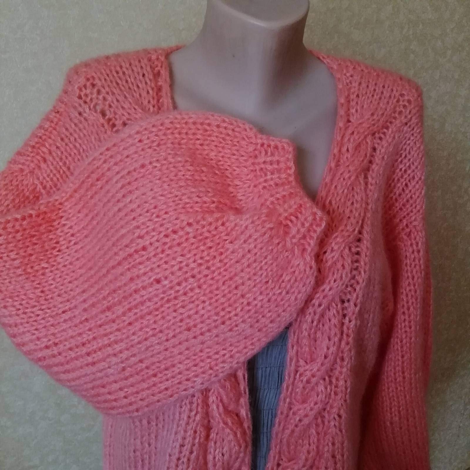 Handmade Mohair Peach Women's Cardigan - Oversized Open Knit Braid Sweater with Flashlight Sleeves | Warm Winter Fashion for Casual Outings & Cozy Home Wear