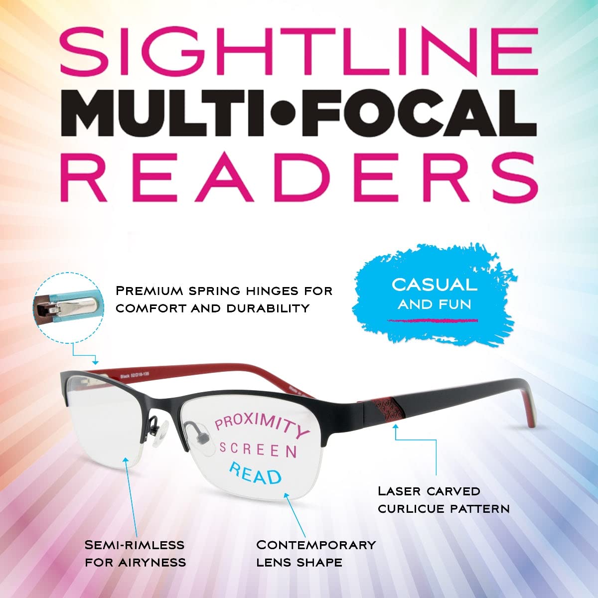 Sightline F207 Medium Fit Multifocus Progressive Reading Glasses for Men & Women - Blue Light Blocking, Anti-Fatigue, Computer & Office Use, Reading, Driving, Daily Wear