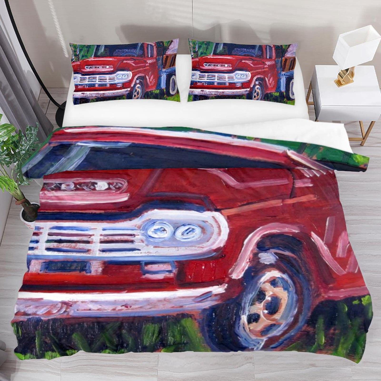 Old Red Truck Bedding Set 3-Piece for Boys & Girls - Cartoon Bedspread, Cute Duvet Cover - Perfect Gift for Daughter, Sister, Friend (King Size, No Comforter) - Ideal for Kids' Bedrooms, Birthday Presents & Cozy Nursery Decor