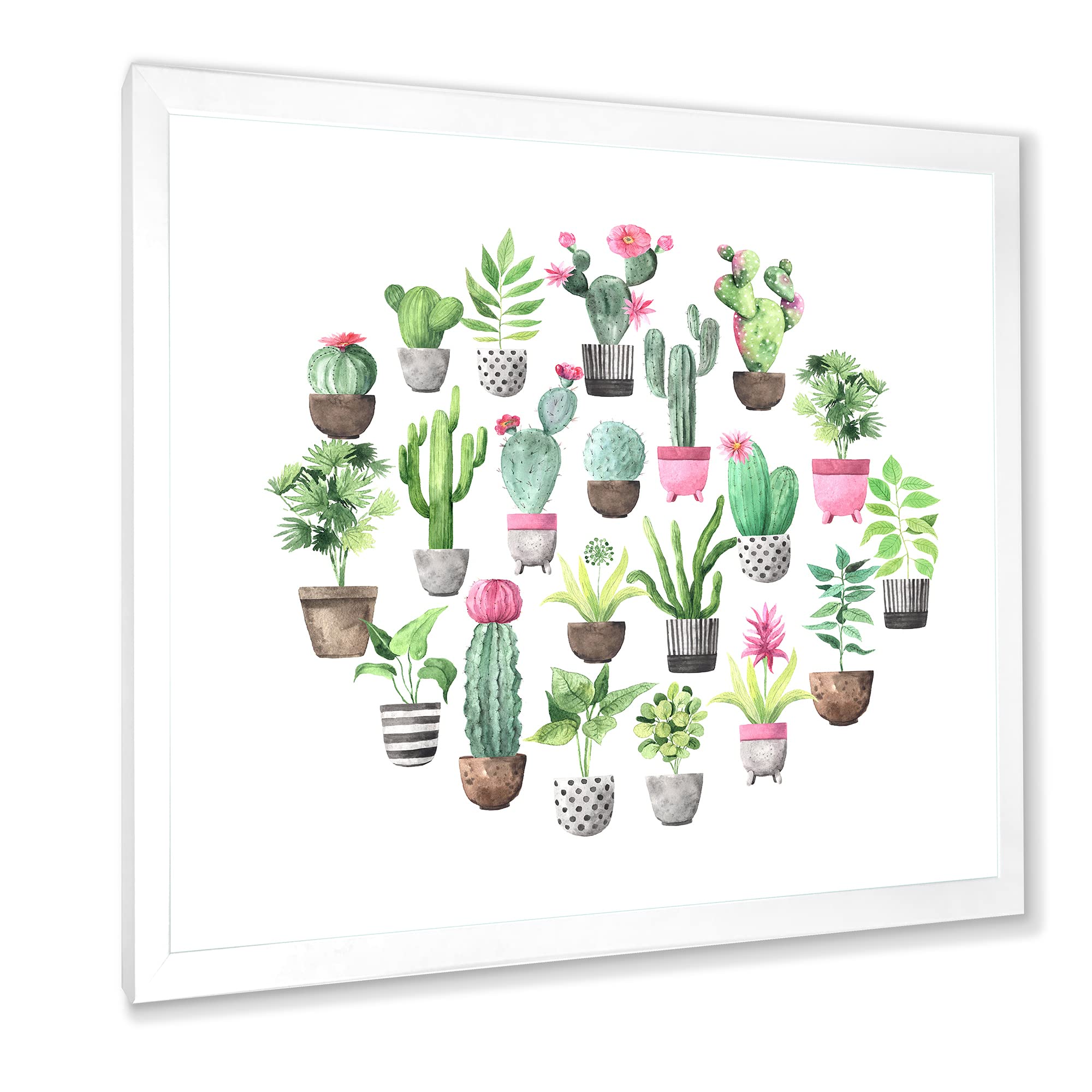 DesignQ Cacti in Ceramic Pots - Gentle Tone Traditional Framed Wall Art for Living Room, Bedroom & Office Decor