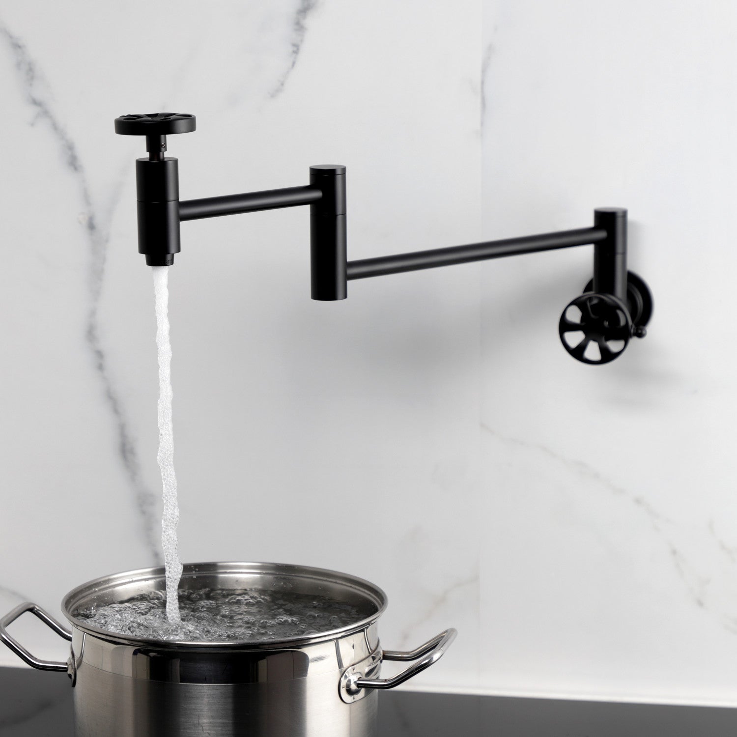 Belknap KS8100RX Matte Black Wall Mount Pot Filler Faucet - Two Handle Commercial Style Kitchen Sink Faucet for Cooking, Filling Pots & Pans - Perfect for Home Chefs & Restaurant Use