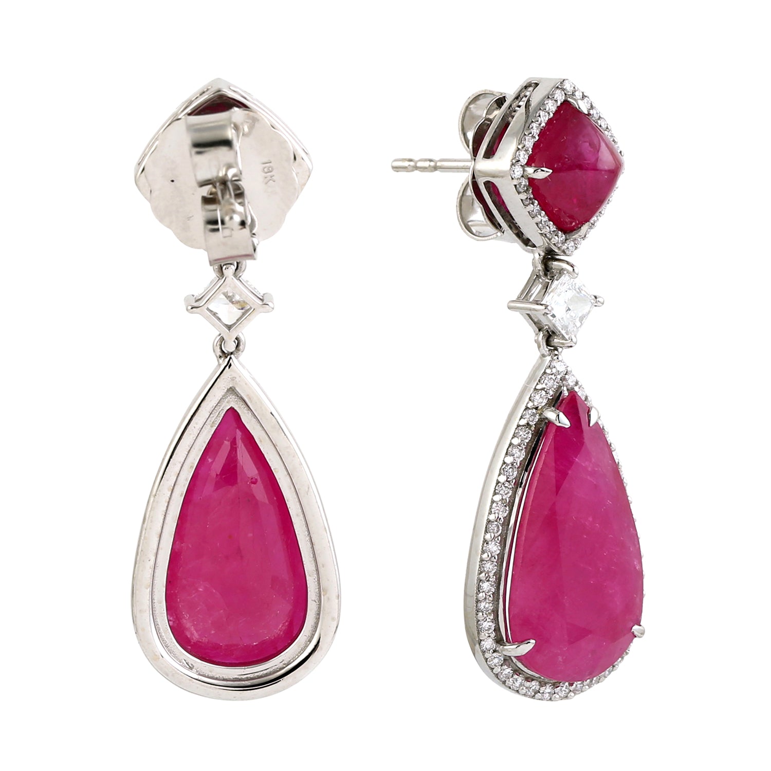 18K White Gold Ruby Pave Diamond Pear Drop Earrings – Elegant Dangle Ear Jewelry for Women, Perfect for Weddings, Parties & Special Occasions