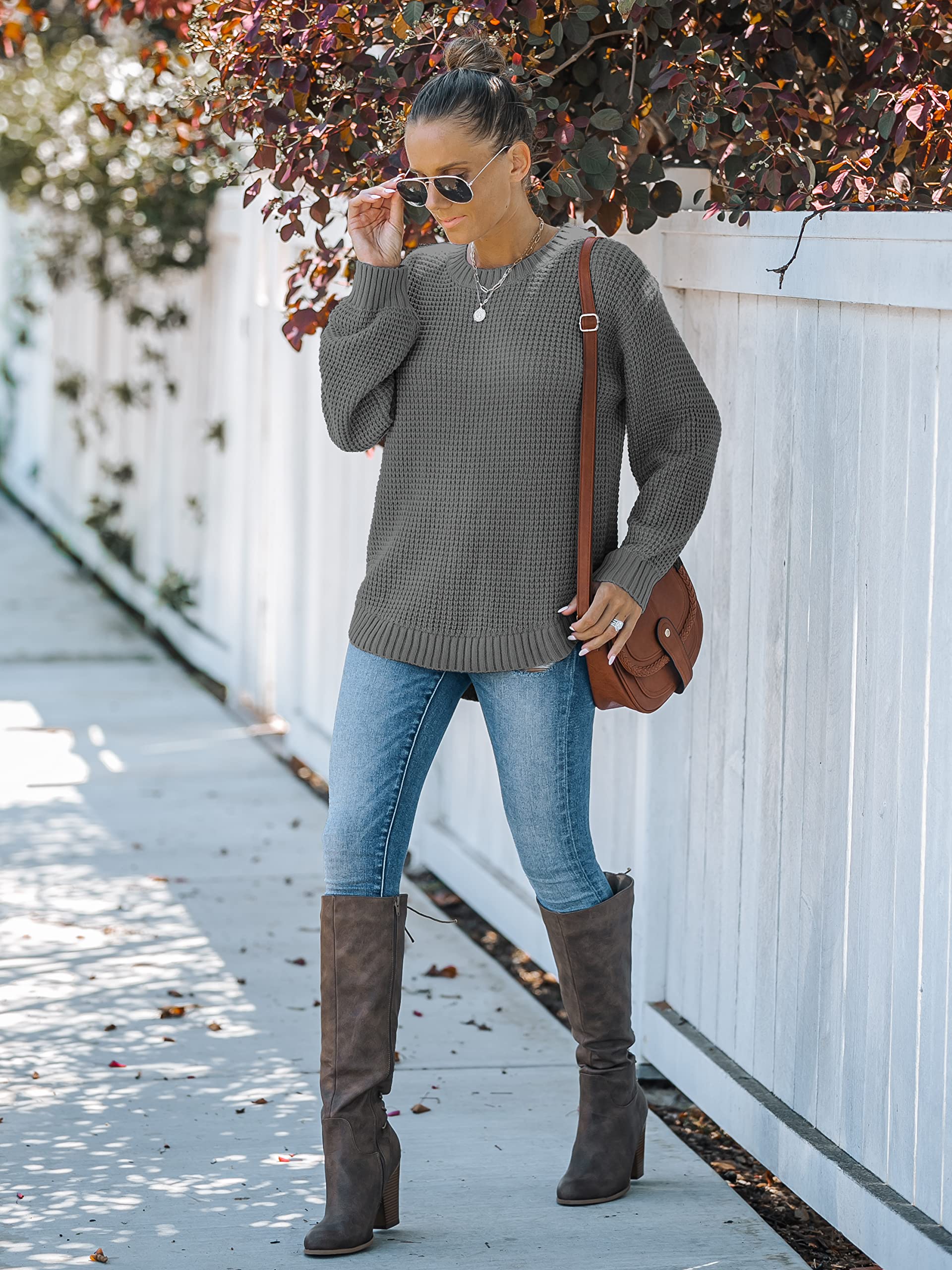 MEROKEETY Women's 2024 Fall Casual Waffle Knit Sweater - Long Balloon Sleeve Loose Pullover Jumper for Autumn Outfits | Cozy Office Wear & Weekend Outings