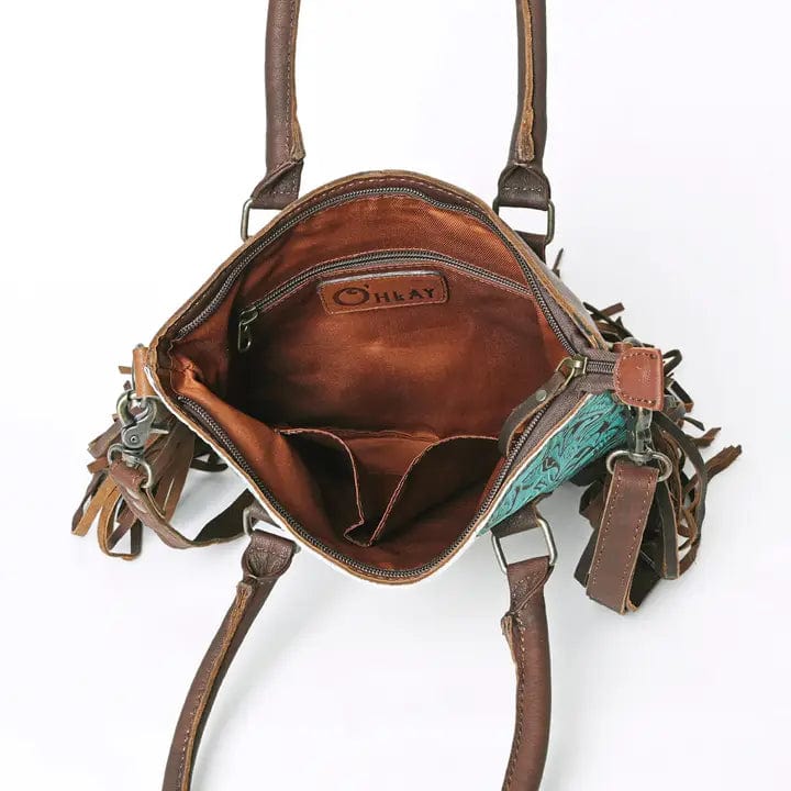 Stylish Leather Cowhide Fringe Turquoise Accent Purse - Perfect for Boho Fashion & Western Outfits