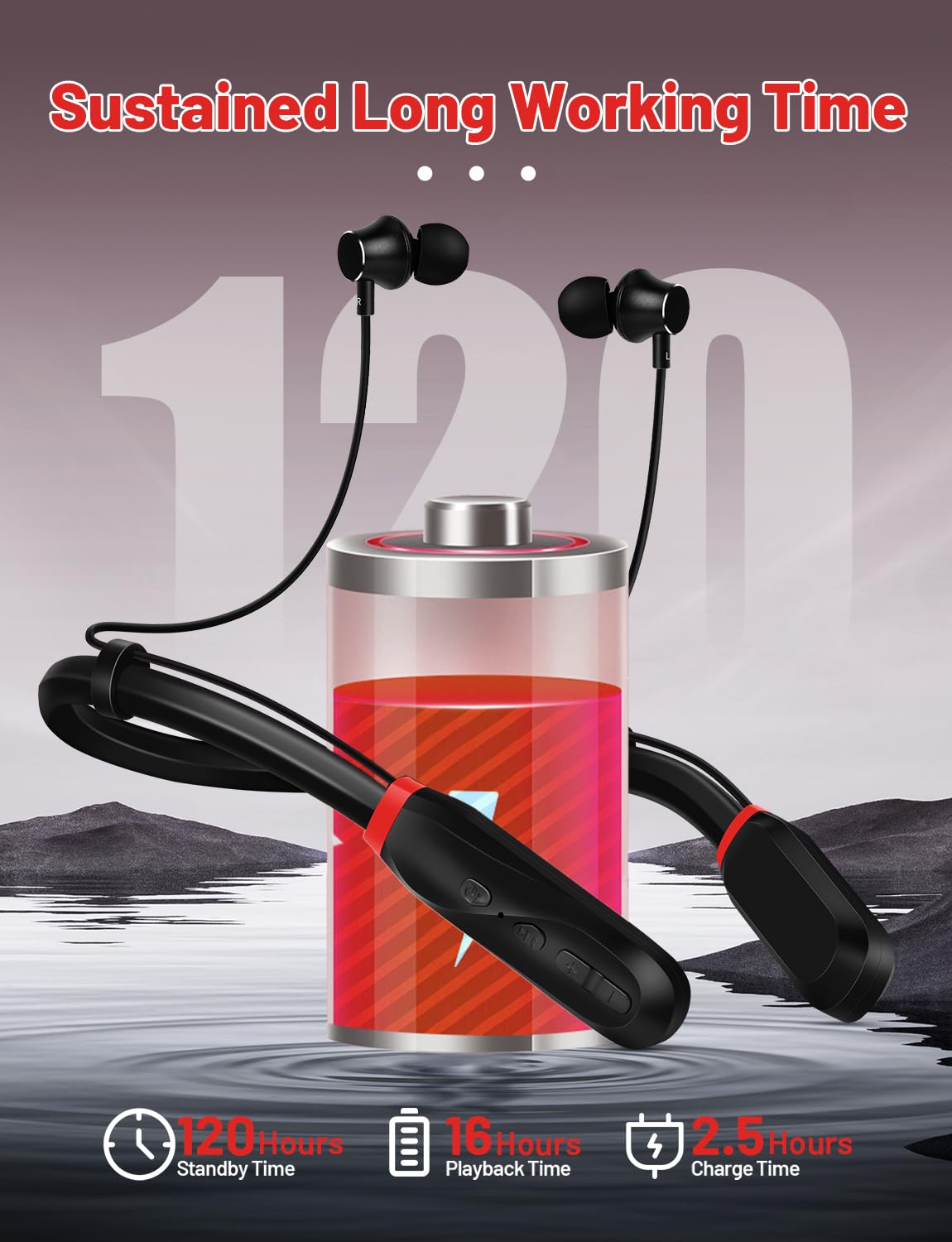 Wireless Bluetooth Neckband Headphones - 120H Playtime, Stereo Sound, Built-in Mic, IPX5 Waterproof - Comfortable In-Ear Design for Running, Gym, Workout & Office Use (Black)