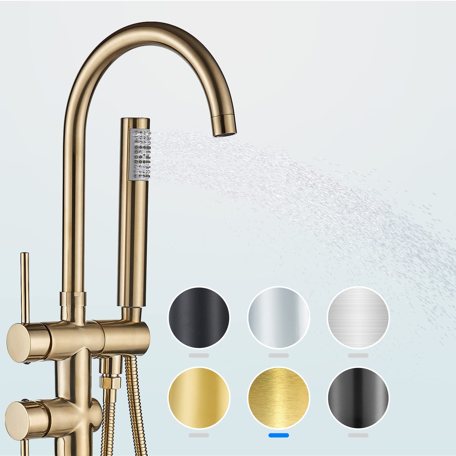 YAGATAP Freestanding Bathtub Faucet - Floor Mount Tub Filler with Handheld Shower Mixer - Brushed Gold Finish - High Flow Waterfall Spout - Perfect for Modern Bathroom & Spa Relaxation