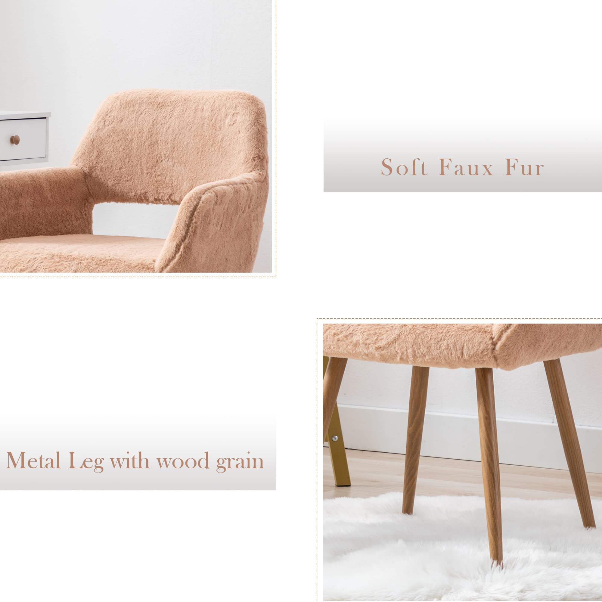 Mid-Century Modern Faux Fur Accent Chair - Soft & Comfy Armchair with Wood-Look Metal Legs for Living Room, Dining Room, Home Office & Vanity | No Wheels, Camel Color | Perfect for Teens, Makeup Desks & Cozy Reading Nooks