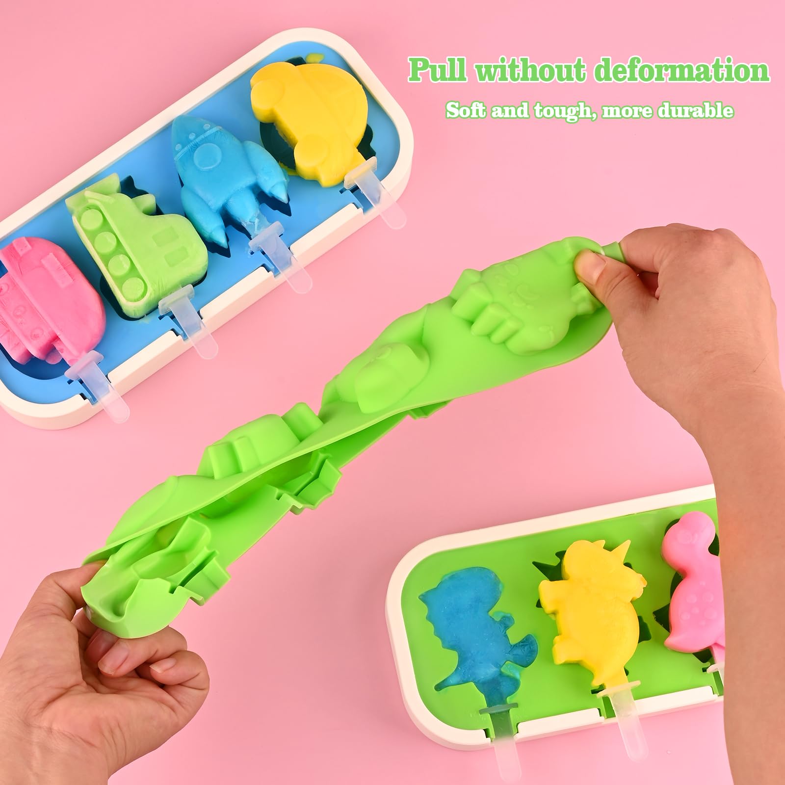 Sakolla 2 Pack Silicone Popsicle Molds with Lid - 4-Cavity Mini Ice Pop Molds for Kids in Fun Car, Ship, Train, Rocket & Dinosaur Shapes (Green & Blue) - Perfect for Summer Treats, Birthday Parties & DIY Frozen Snacks