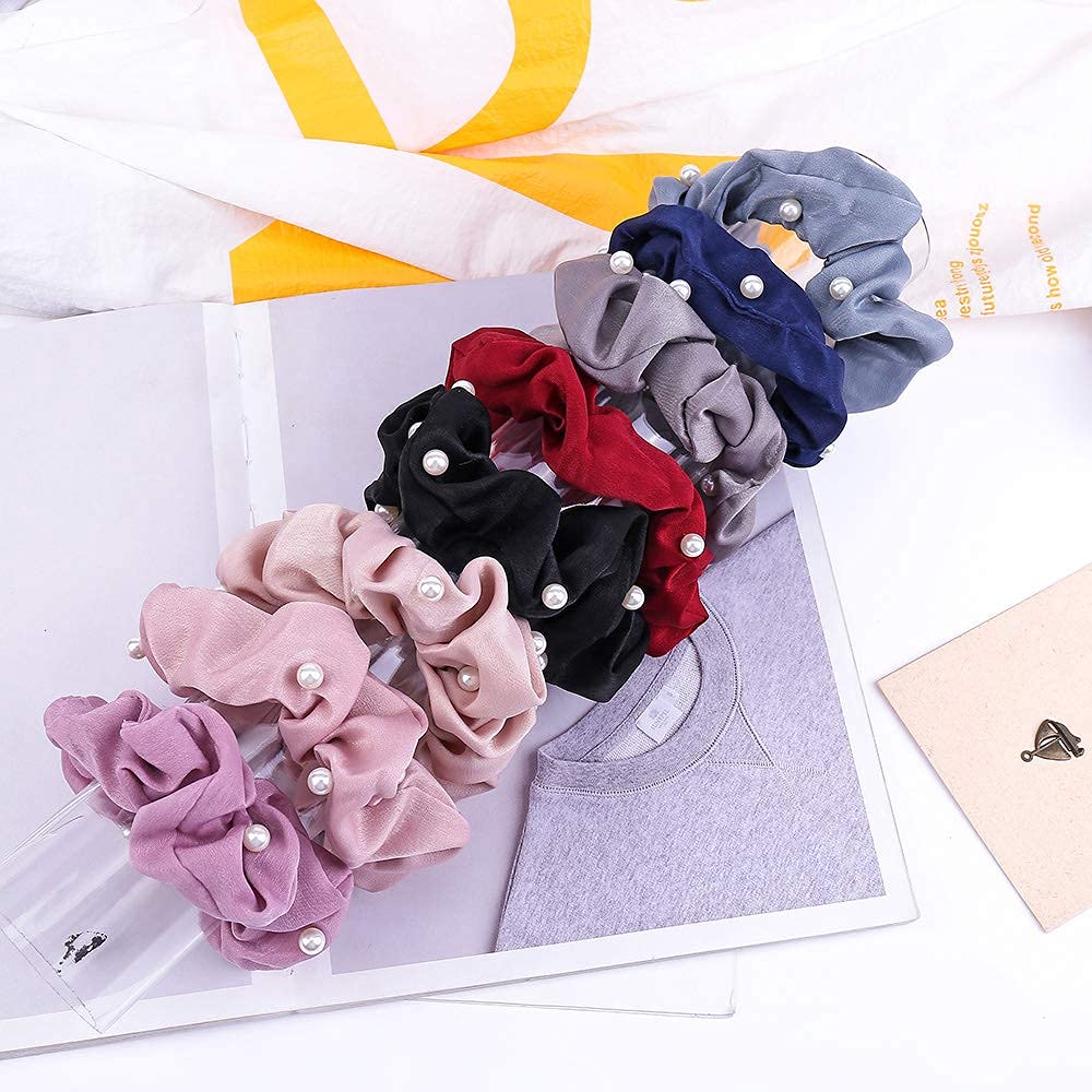 ASG 3-Pack Soft Satin Pearl Scrunchies - Elegant Hair Ties for Women & Girls (Perfect for School, Work, Parties & Everyday Use)