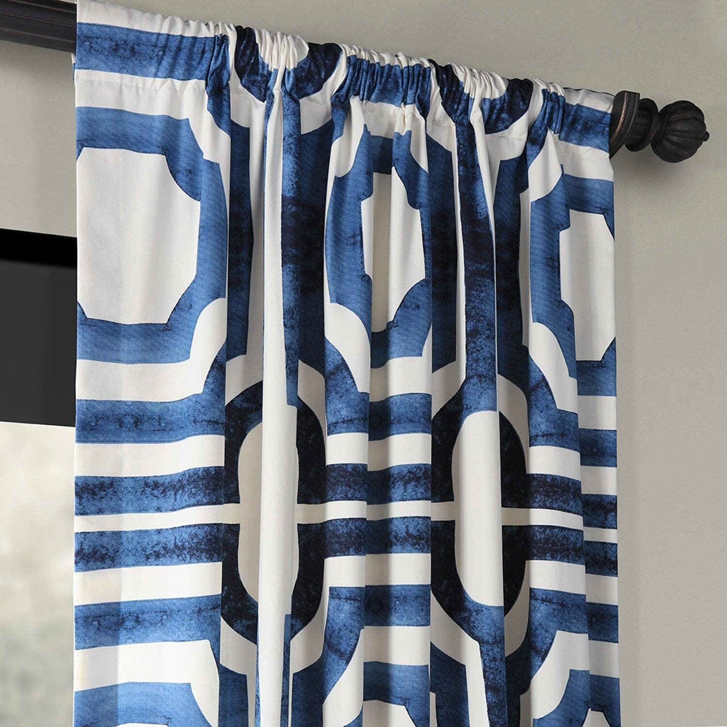 Mecca Blue Geometric Printed Cotton Blackout Curtains for Bedroom & Living Room - Energy Efficient, Noise Reducing, Light Blocking Window Drapes for Home Decor