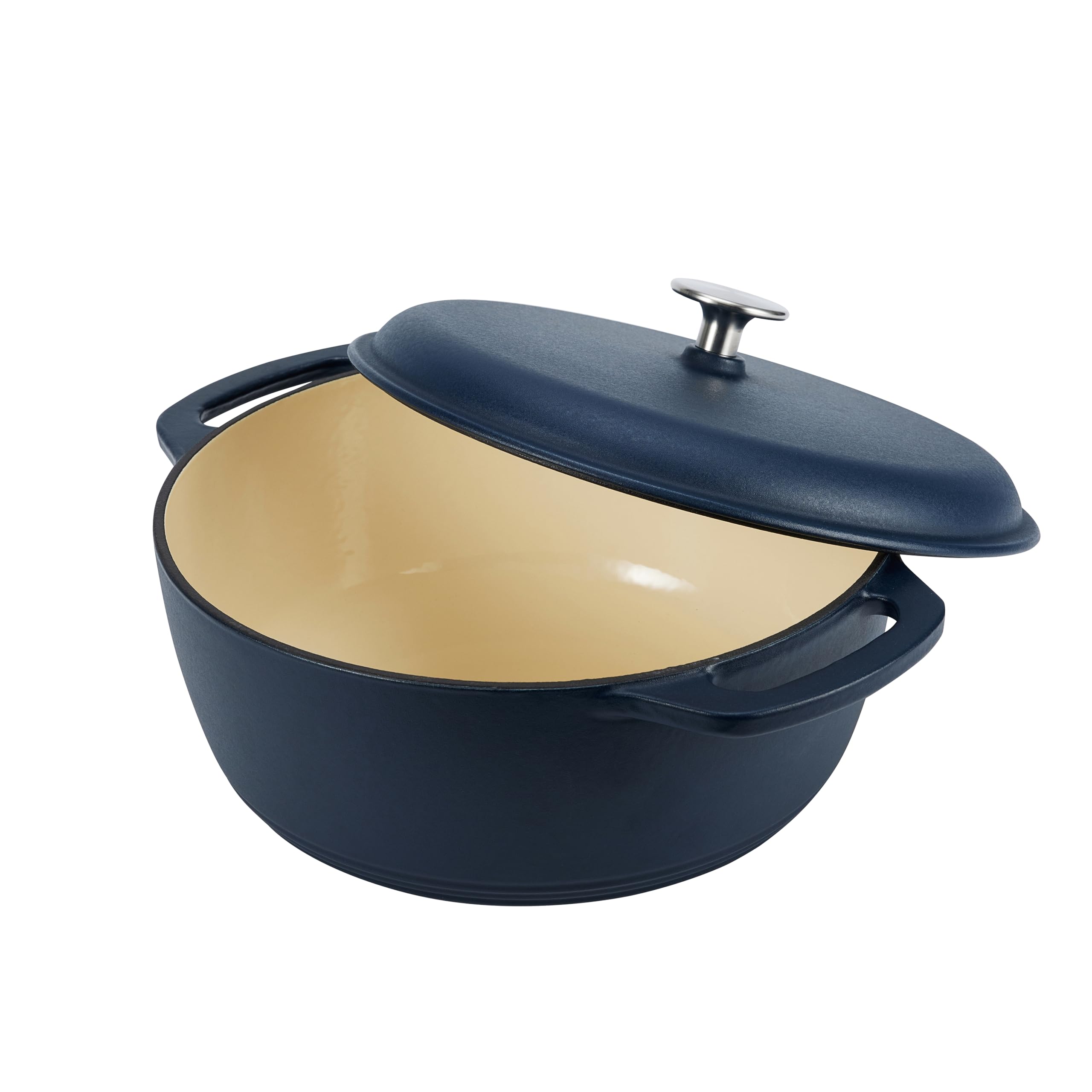 Amazon Basics Enameled Cast Iron Dutch Oven with Lid - 6 Quart Round Heavy-Duty Pot with Dual Handles, Matte Navy - Perfect for Braising, Stewing, Baking Bread & Camping Cooking