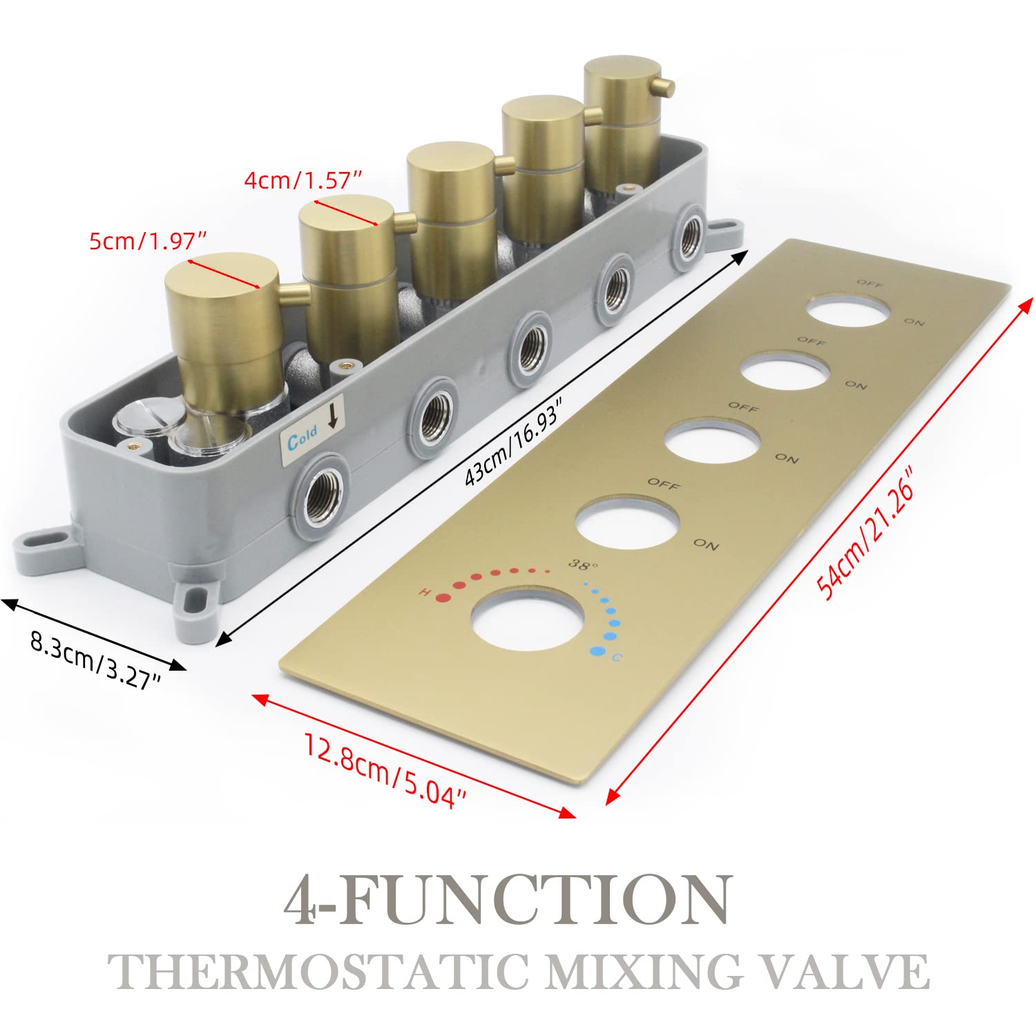 4-Way Thermostatic Shower Valve - Concealed 4-Outlet Shower Diverter Mixing Valve with Flow Control - Brushed Gold Finish - Perfect for Modern Bathroom Shower Systems (Can Run Multiple Outlets Simultaneously) - Ideal for Spa-Like Showers, Rainfall Showers & Multi-Head Bathroom Setups