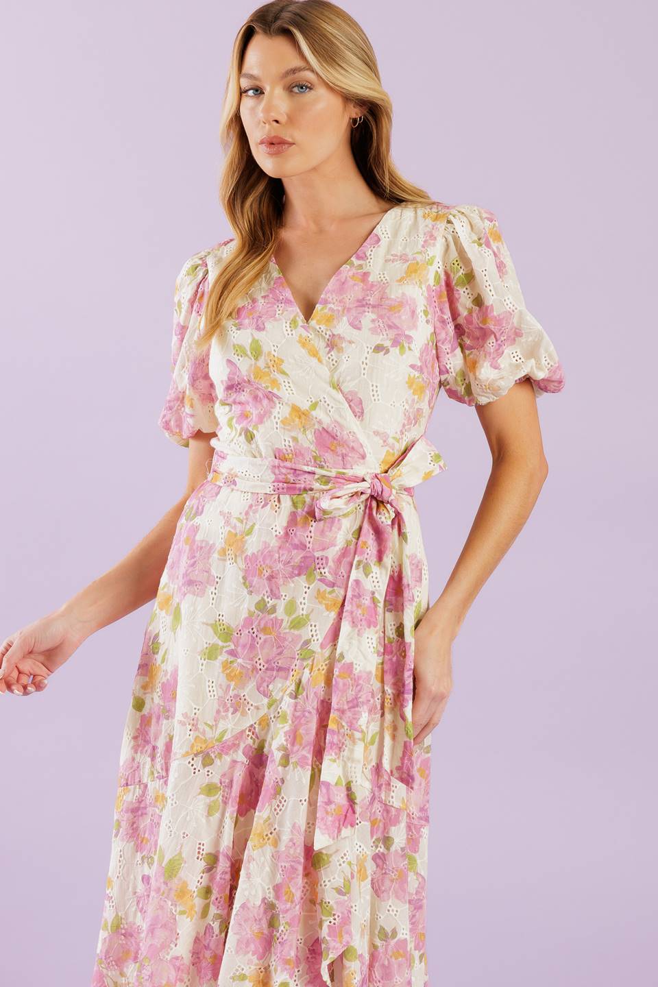 Pink Floral High Low Lace Wrap Midi Dress for Women - Elegant Coffee Run Outfit for Brunch, Date Night & Summer Parties
