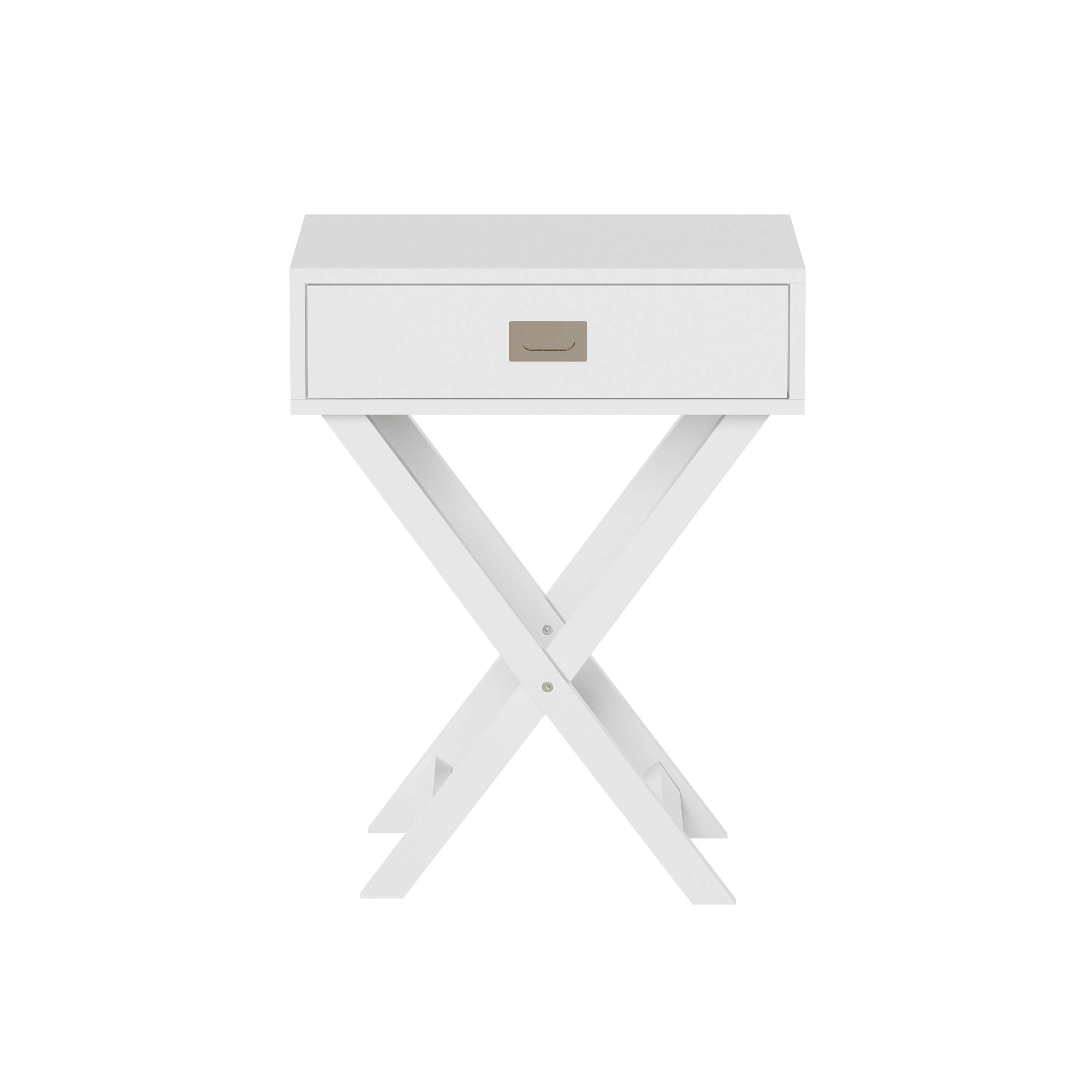 Modern X-Leg End Table with Drawer - Contemporary Wooden Sofa Side Table for Living Room & Bedroom - White Nightstand for Coffee, Books & Decor - Perfect for Small Spaces & Home Office