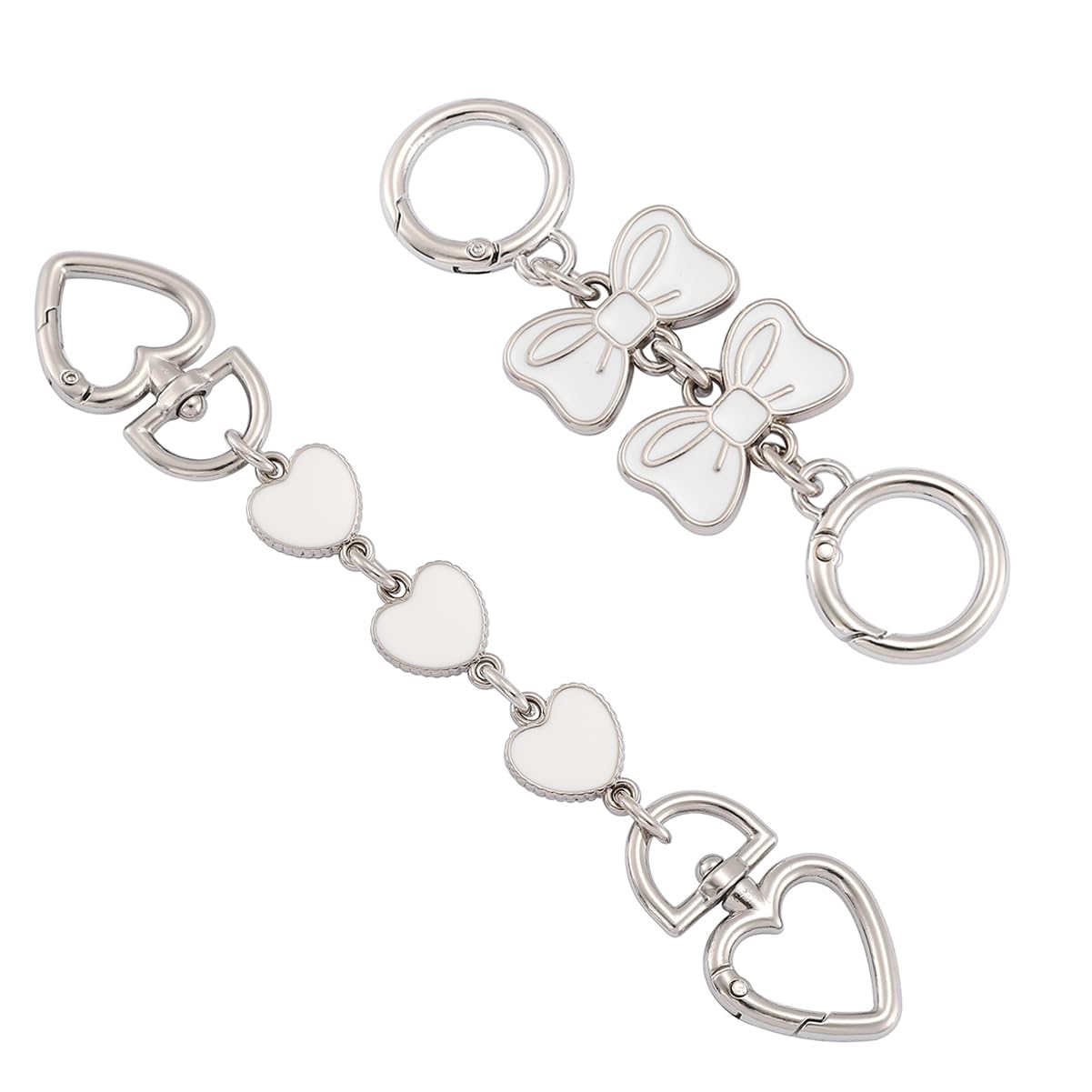 Silver Purse Extender Chain - Adjustable Bag Strap Extender with White Heart & Bow Charms | Perfect for Handbags, Totes & Crossbody Bags | Fashion Accessory for Women