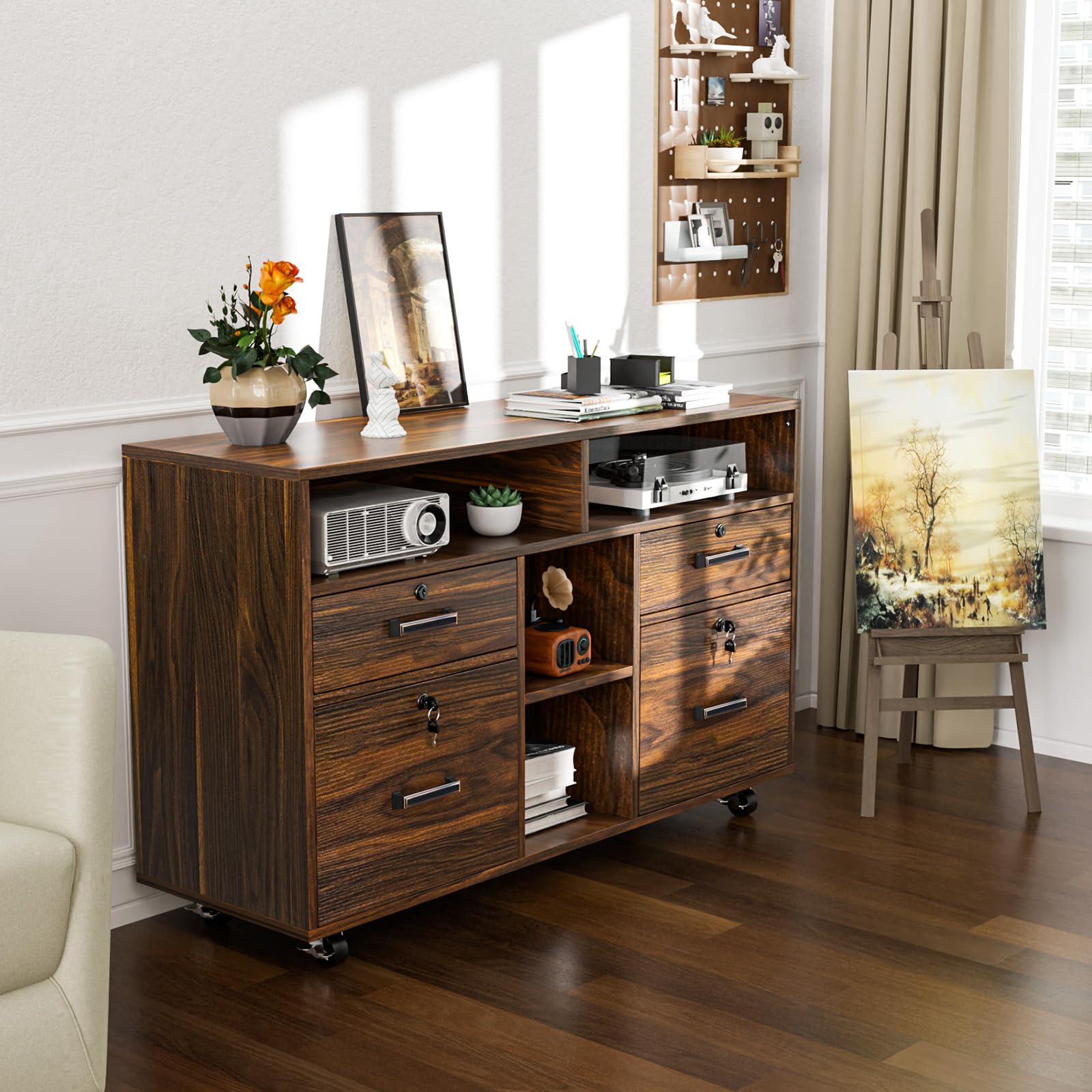 VINGLI 4-Drawer Wood Lateral File Cabinet with Lock & Open Shelves - Lockable Rolling Office Storage for Letter Size Files, Dark Brown - Perfect for Home Office, Printer Stand & Document Organization