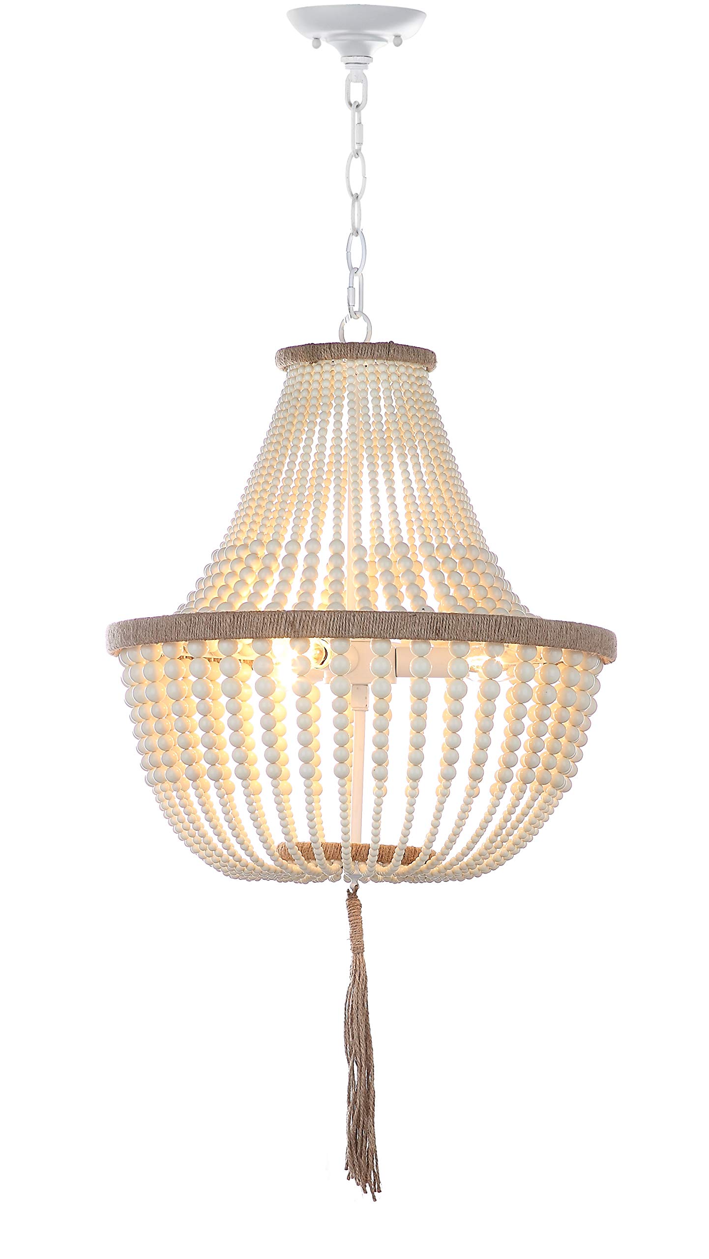 SAFAVIEH Lush Kristi Boho Farmhouse 17-inch 3-Light Adjustable Hanging Pendant Light with Beaded Tassel - Cream (LED Bulbs Included) | Perfect for Dining Room, Kitchen Island & Bedroom Lighting