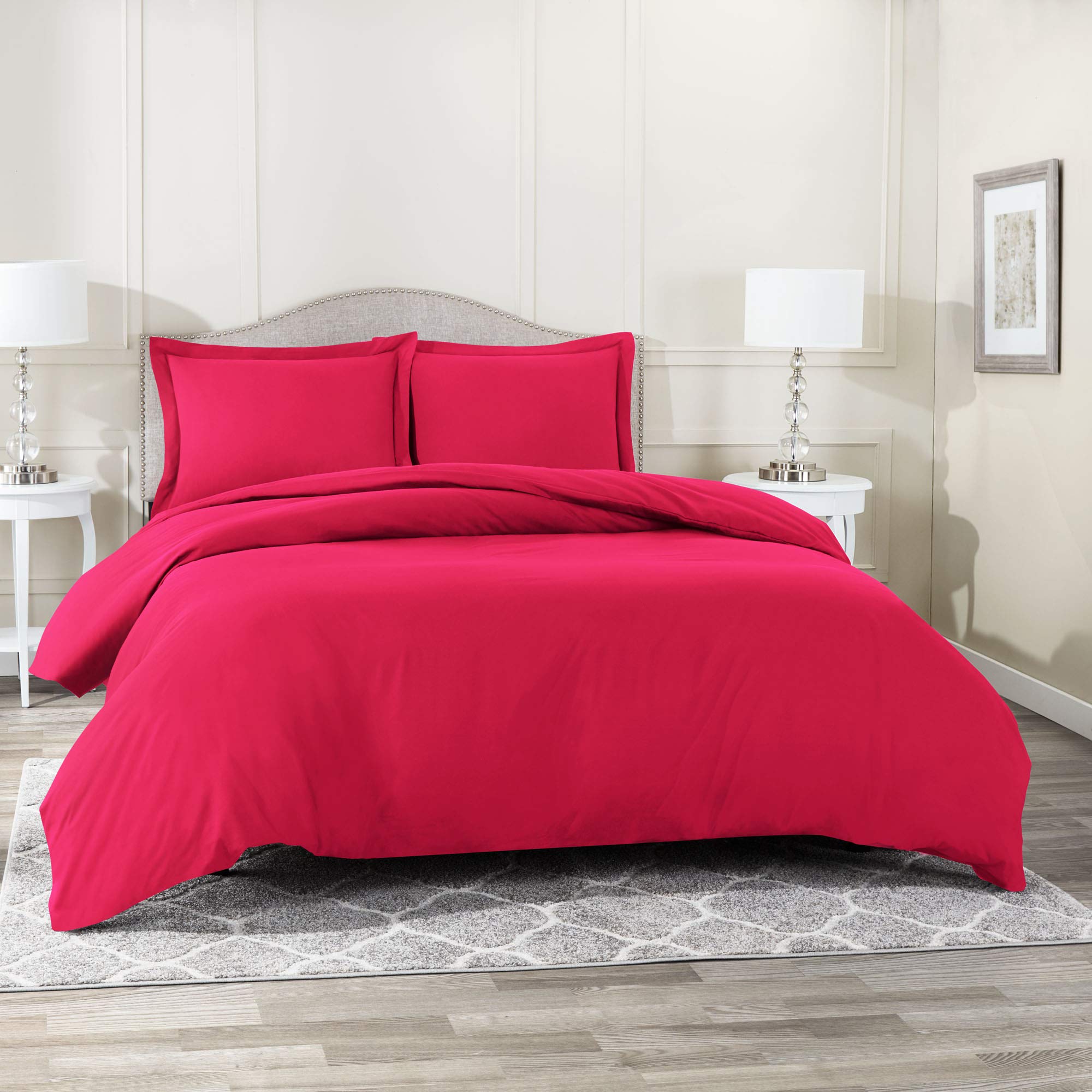 Premium 600 Thread Count Queen Duvet Cover Set - 3 Piece Hot Pink Double Brushed Cotton Bedding with Button Closure (88x88 inches + 2 Pillow Shams) for Luxurious Bedroom Decor & Cozy Sleep