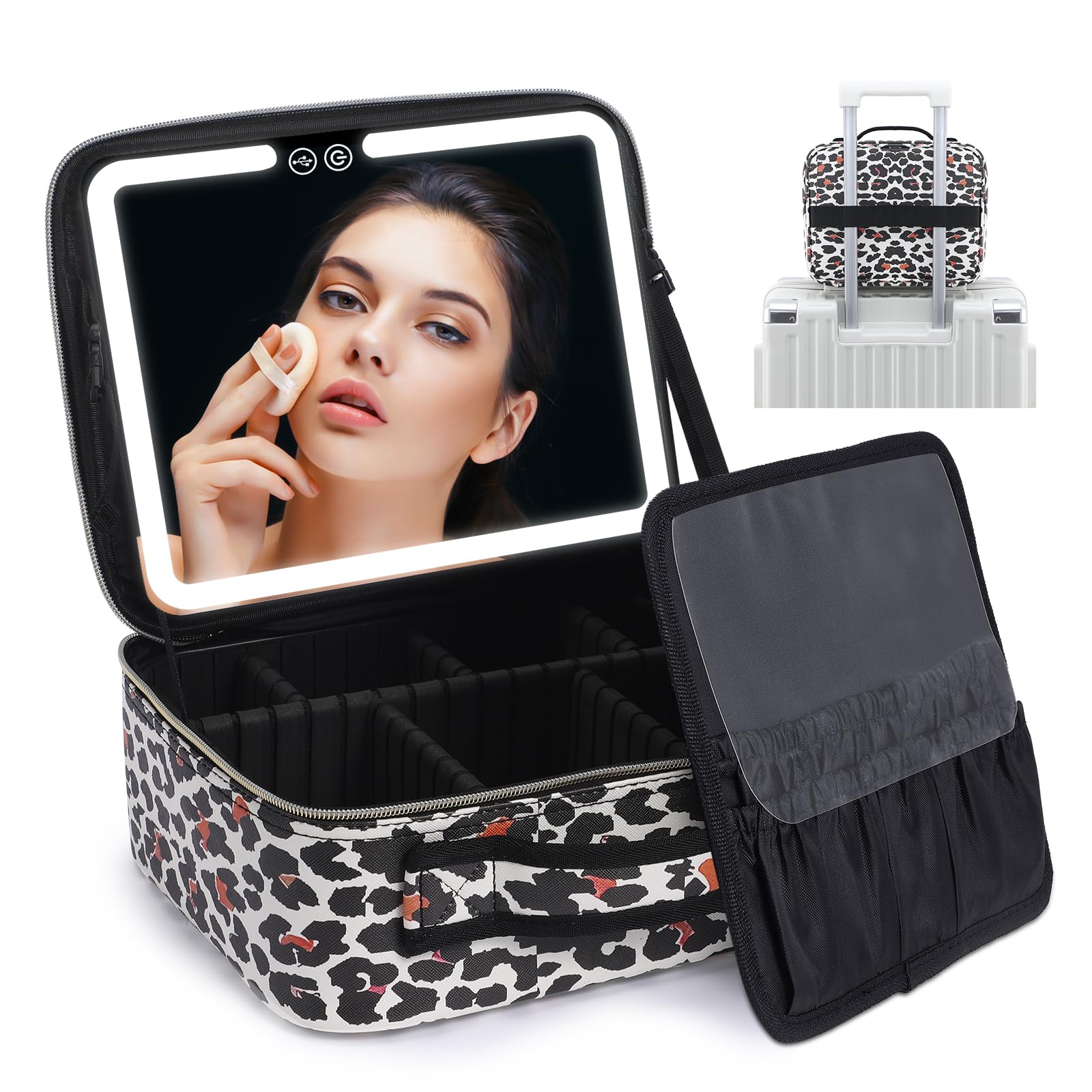 Rechargeable LED Lighted Travel Makeup Bag with Mirror - 3 Color Settings Cosmetic Organizer Case for Women | Portable Vanity Box for Home & Travel Beauty Accessories | Perfect for Makeup Artists & Daily Use (Leopard Print)