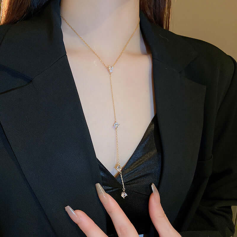 Elegant Teardrop Silver Tassel Lariat Necklace for Women | HN2188 | Perfect for Evening Parties, Weddings & Special Occasions