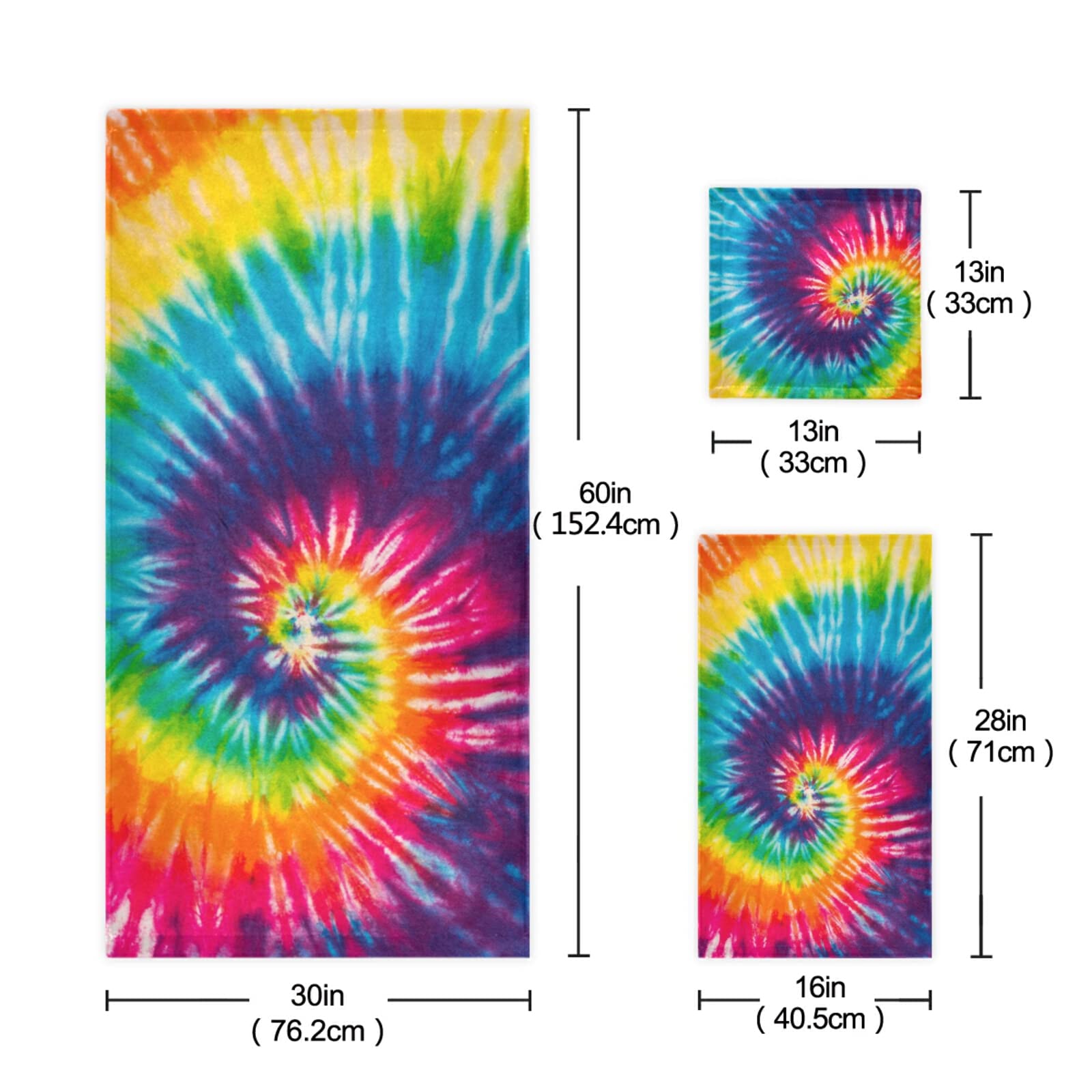 Pfrewn Tie Dye Bath Towel Set of 3 - Soft Absorbent Rainbow Hippie Towels for Bathroom, Hand & Washcloth - Boho Chic Abstract Swirl Design - Perfect for Guest Towels, Spa Days & Bohemian Home Decor