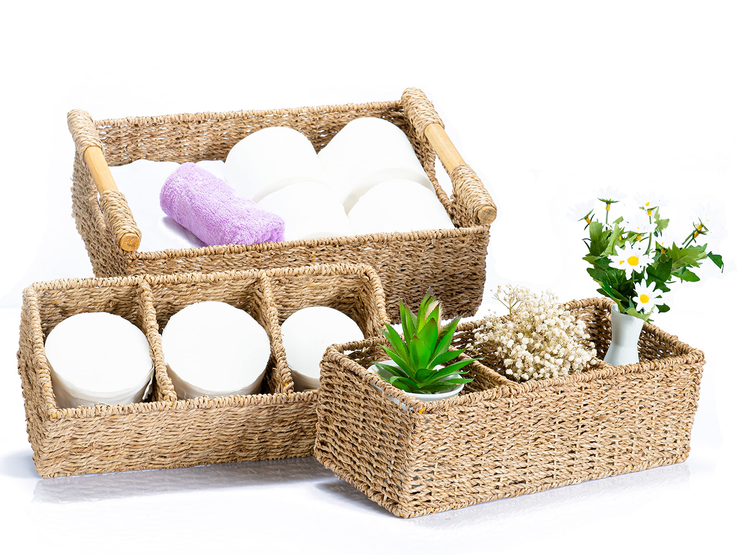 Seagrass Storage Baskets Set of 3 - Hand-Woven Wicker Organizer for Shelves & Bathroom