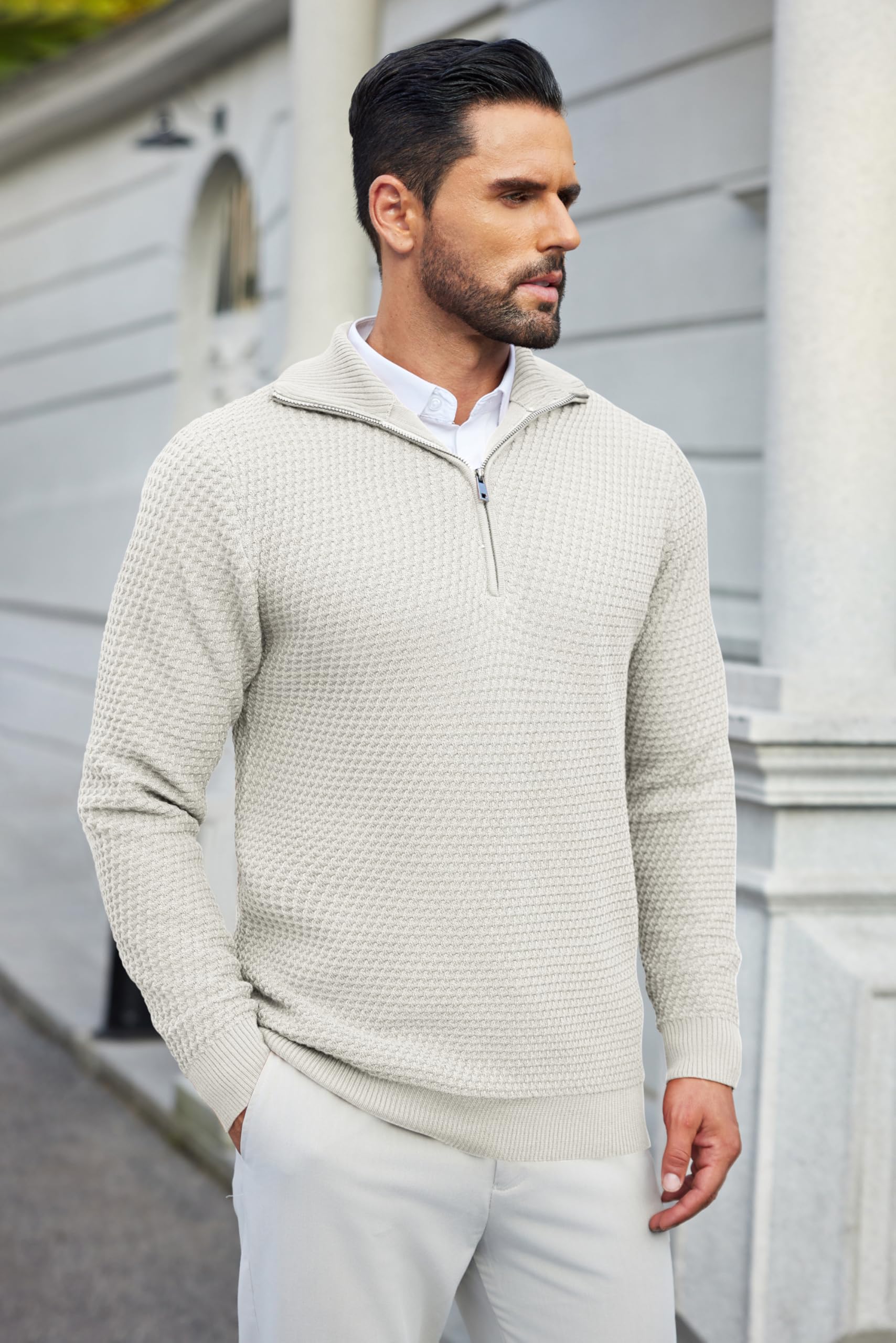 COOFANDY Men's Slim Fit Quarter Zip Pullover Sweater - Waffle Knit Mock Turtleneck Polo Sweatshirt for Casual Wear | Office, Dating, Fall & Winter Outfits