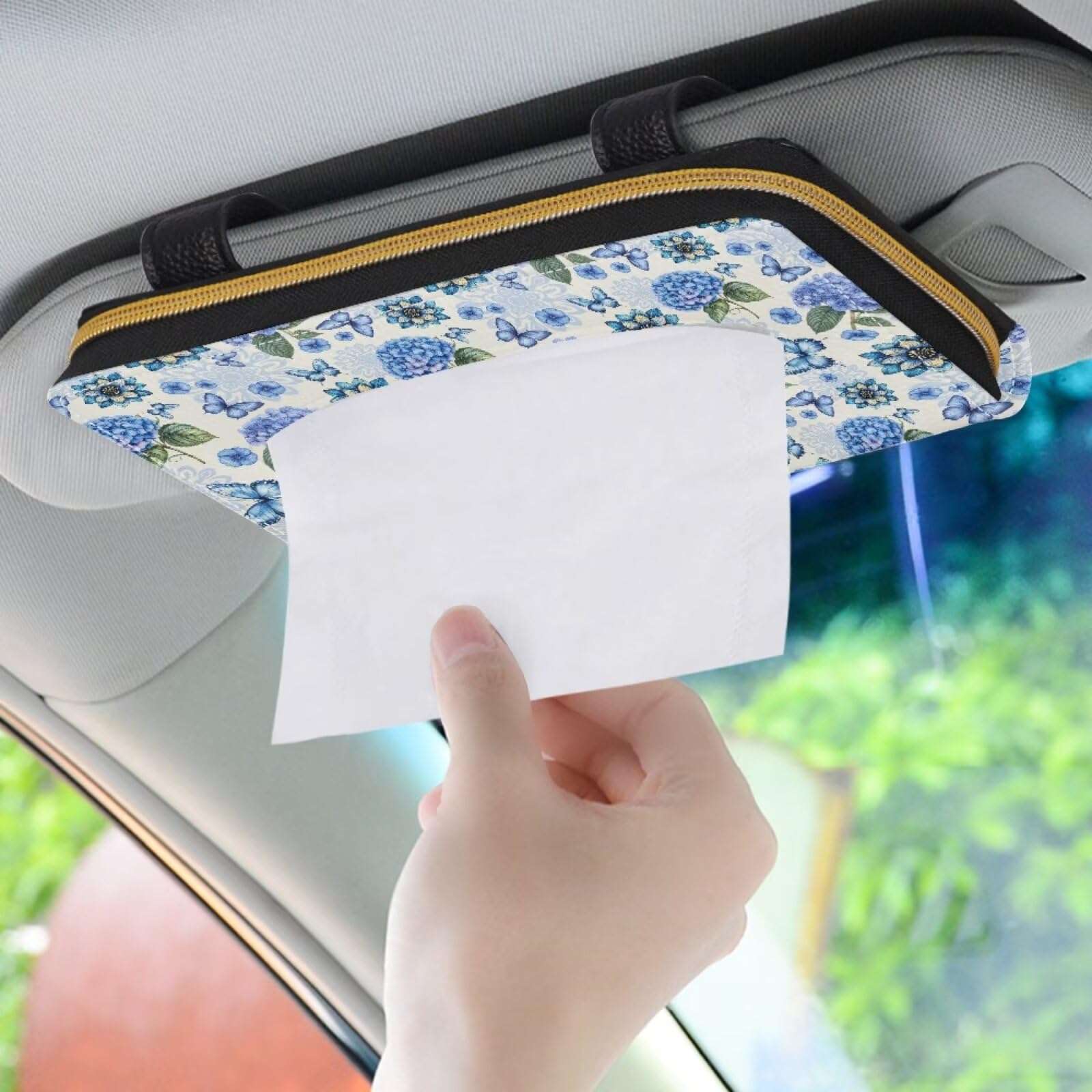 Blue Butterfly Mandala Hydrangea Floral Car Tissue Holder - PU Leather Sun Visor Napkin Organizer for Backseat | Car Accessories for Women, Travel & Road Trips