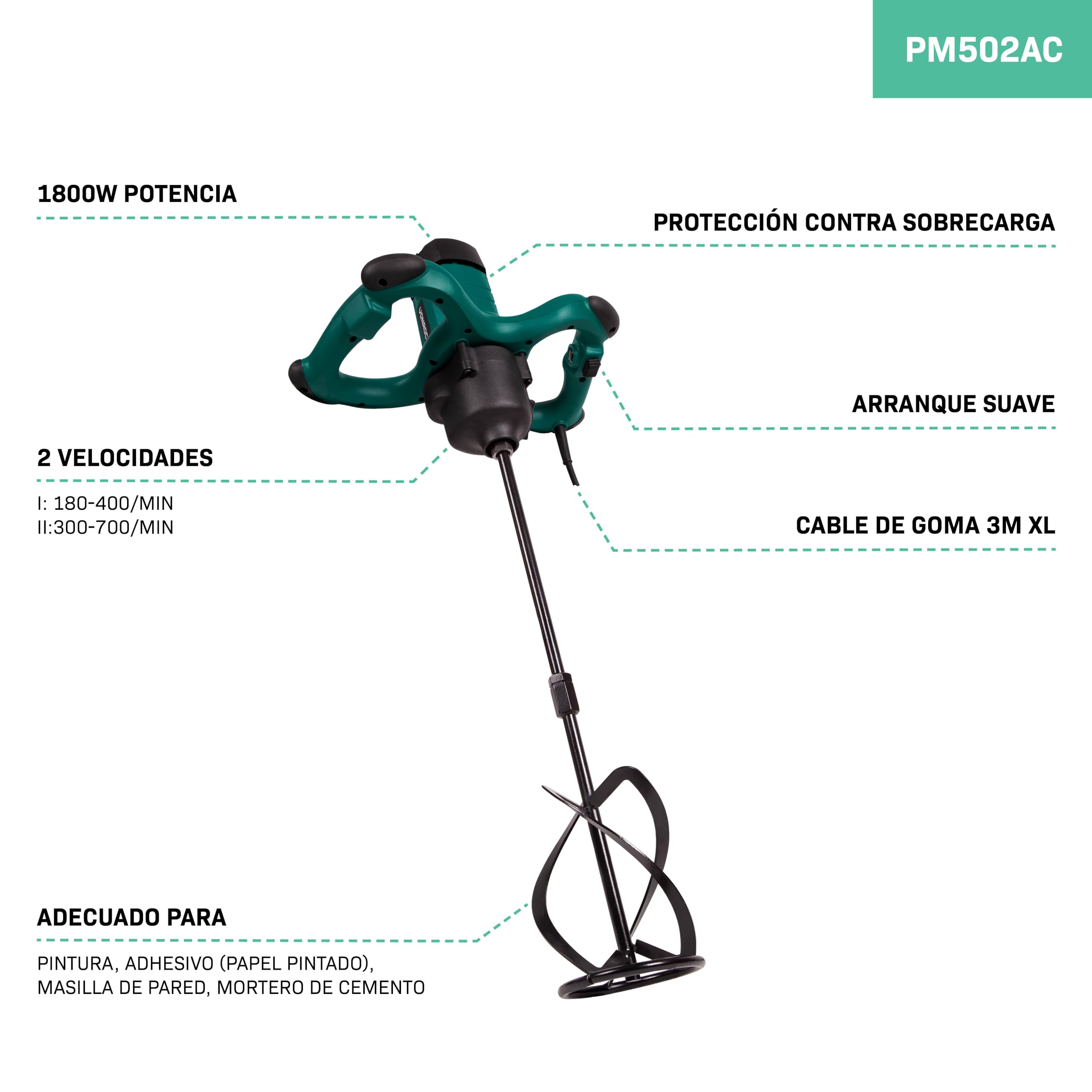 VONROC 1800W Paint & Cement Mixer - 2 Speed Settings, Soft Start, Constant Speed Electronics - 3m Rubber Cable, 140x600mm Mixer Included - Perfect for DIY Home Renovation & Construction Projects