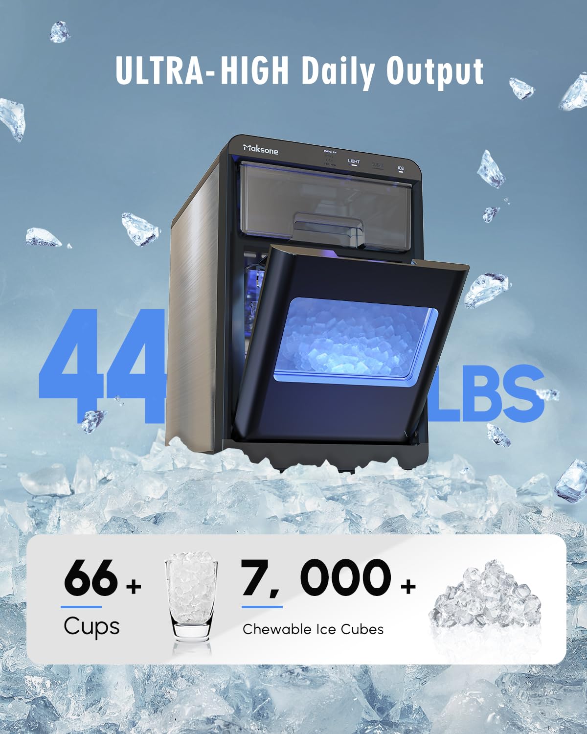 Maksone Countertop Nugget Ice Maker - 44lbs/24H, Ready in 7 Minutes, Crushed Ice Machine with Sonic Pebble Ice Technology | Perfect for Home Bars, Parties, and Restaurants