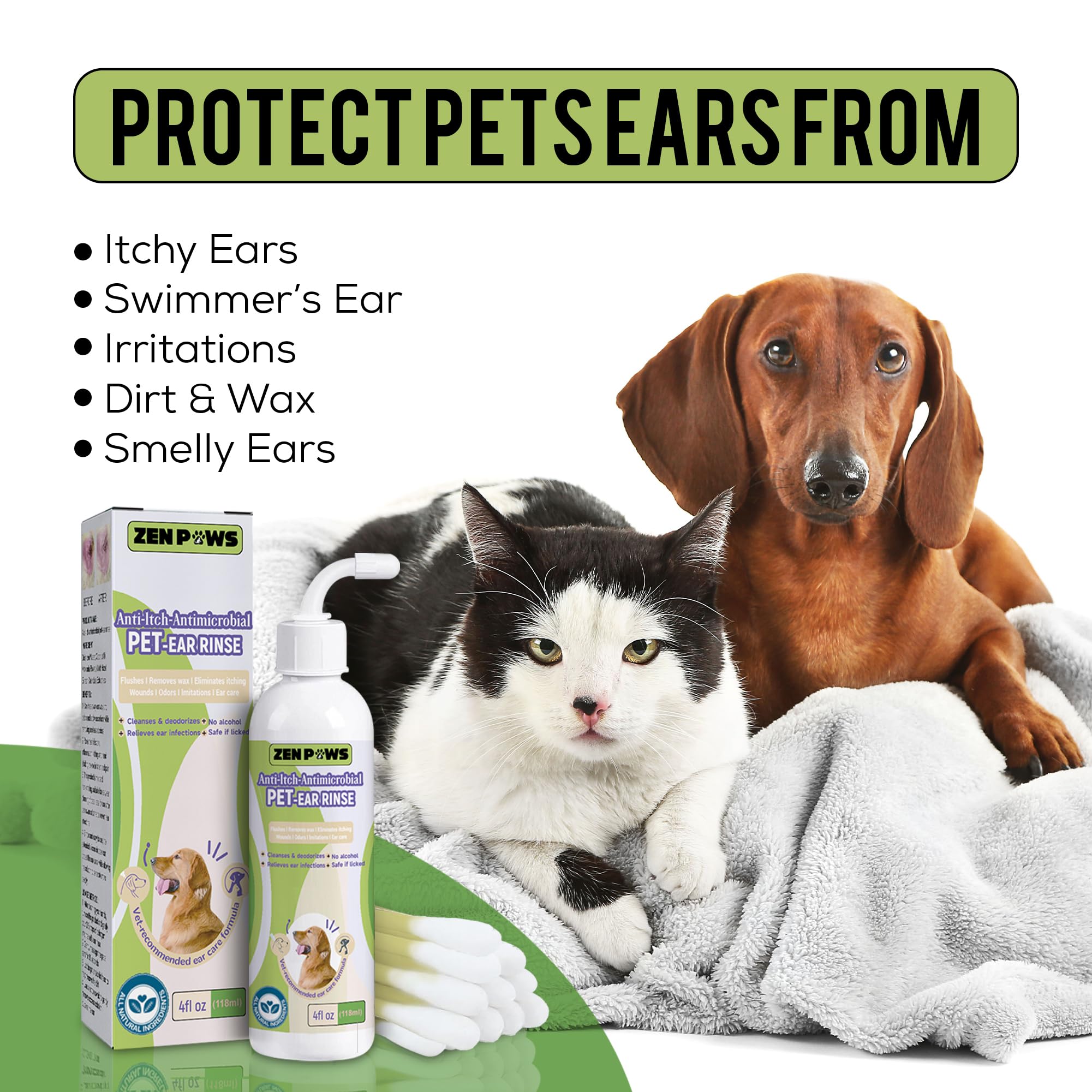 ZenPaws Dog Ear Cleaner Solution for Dogs & Puppies - Gentle Ear Cleaning Wipes & Drops for Itchy, Smelly Ears - Vet Recommended for Regular Ear Care & Infection Prevention - Perfect for Grooming, After Bath & Outdoor Activities