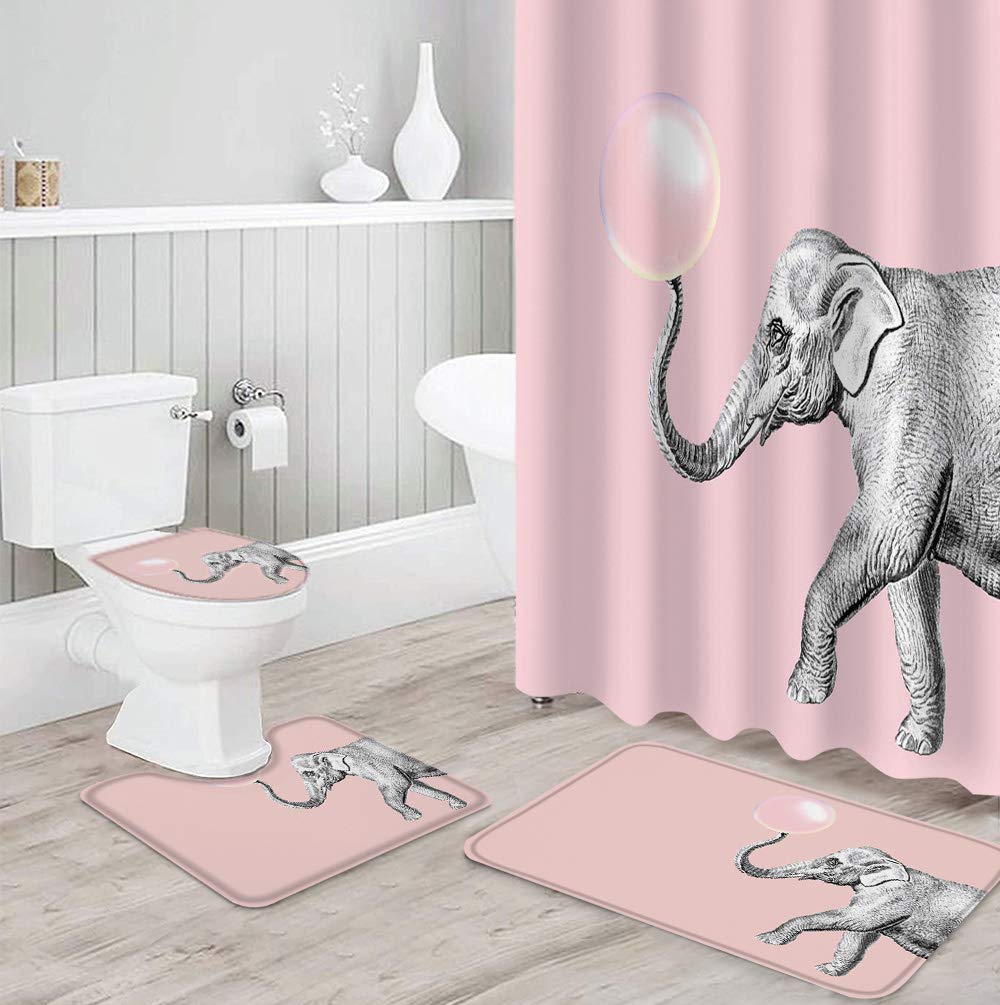 FamilyDecor 4-Piece Elephant Bathroom Set - Pink Bubble Shower Curtain 36x72 Inch, Non-Slip Bath Mat, Toilet Cover - Waterproof Modern Bath Accessories for Kids & Nursery Decor (Perfect for Baby Showers & Children's Bathrooms)