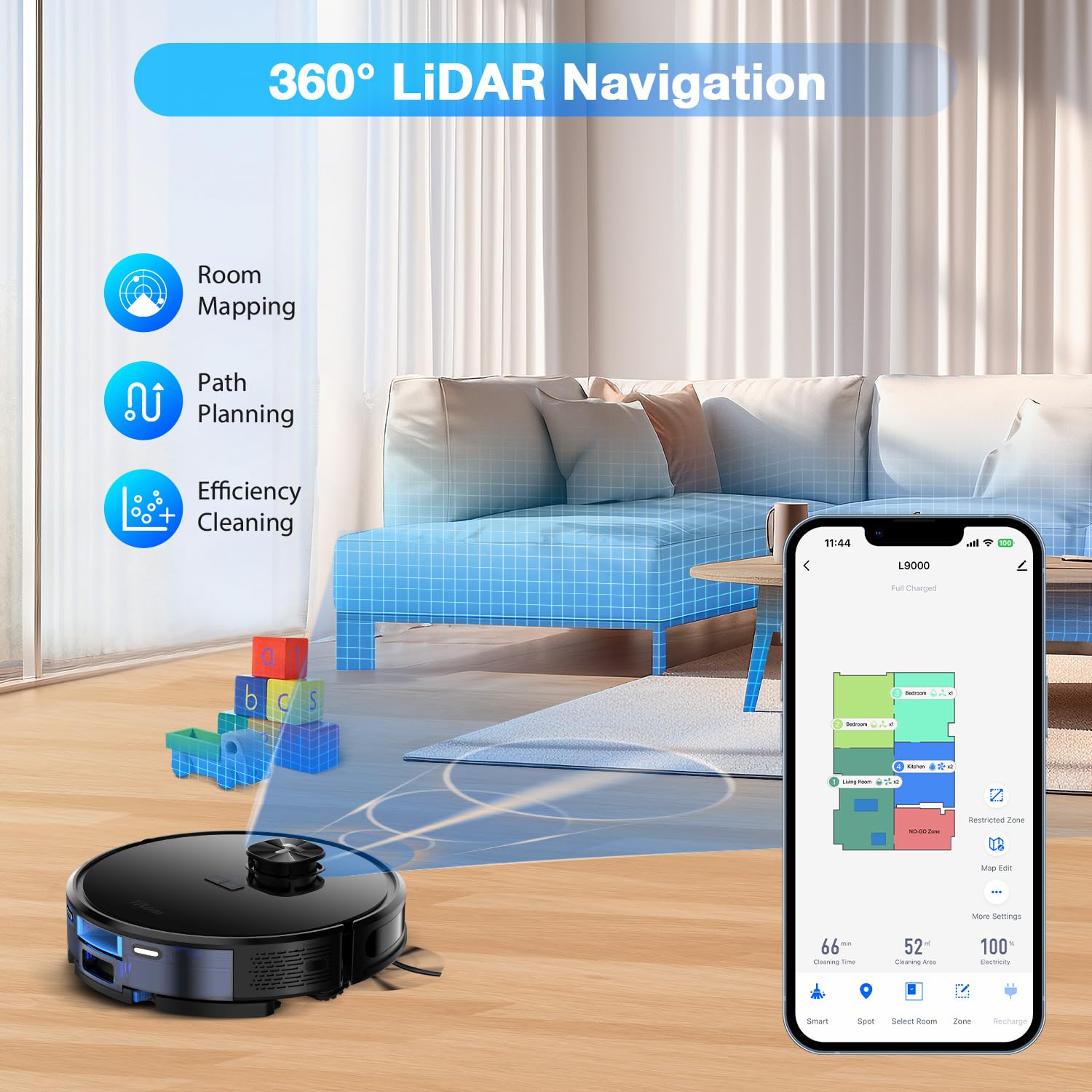 Tikom L9000 Robot Vacuum and Mop Combo with LiDAR Navigation - 4000Pa Strong Suction, 150Min Runtime, Smart Mapping, 14 No-Go Zones - Ideal for Pet Hair, Carpets & Hard Floors (Dark Black) | Perfect for Large Homes, Multi-Surface Cleaning & Busy Families