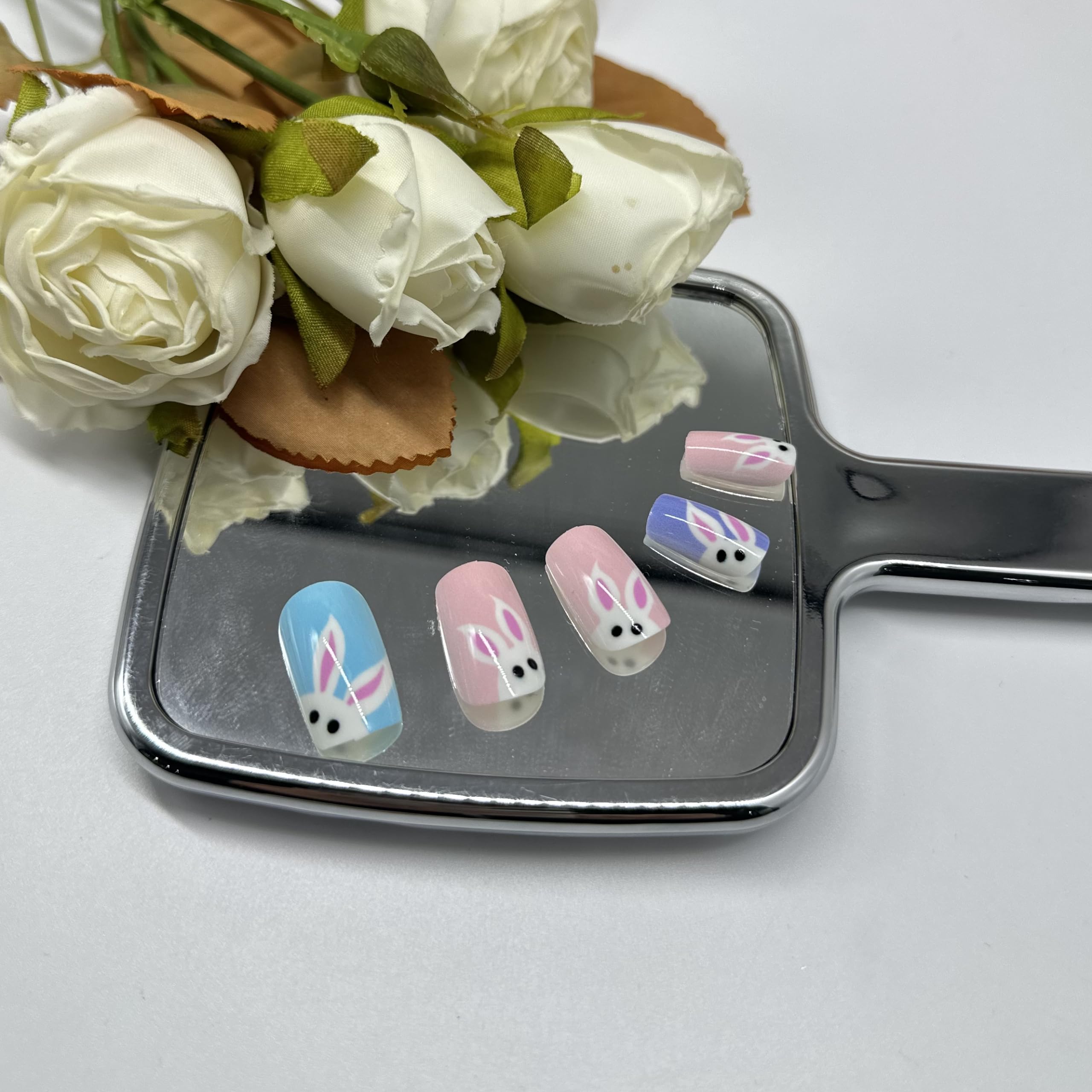 OCOUYVD Easter Press-On Nails - Medium Length Glossy Acrylic Fake Nails with Cute Bunny Designs | Colorful Stick-On Nails for Easter Party, Spring Festival & Special Occasions