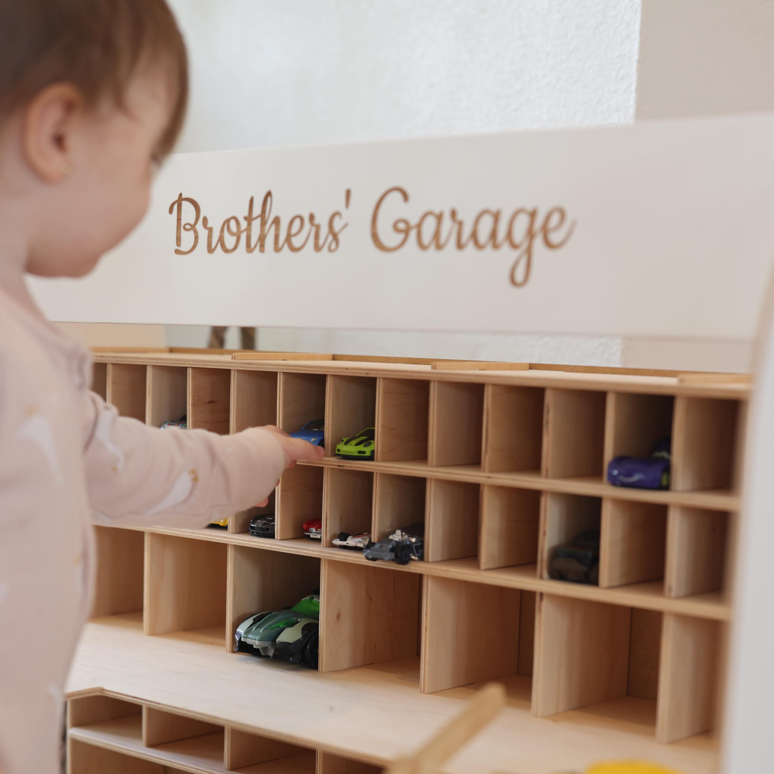Wooden Toy Parking Garage with Elevator - Car Storage Organizer for Hot Wheels & Mini Toy Cars - Gift for Toddlers 1-4 Years Old - Big Natural Wood Case Shelf - Perfect for Playrooms, Bedrooms & Preschool Learning Activities