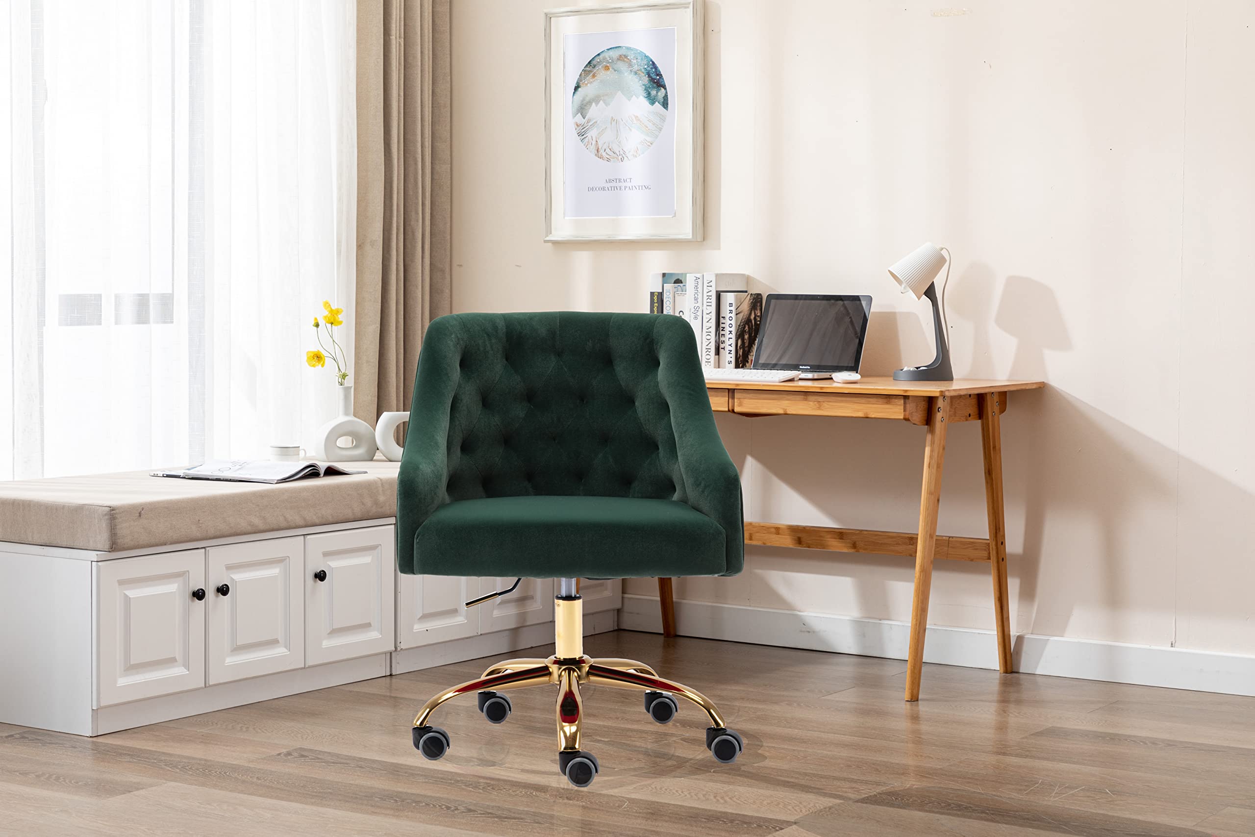 Ergonomic Velvet Swivel Office Chair with Wheels & Height Adjustment - Modern Home Desk Chair for Work, Study, Makeup Vanity - Perfect for Living Room, Bedroom & Home Office (Dark Green)