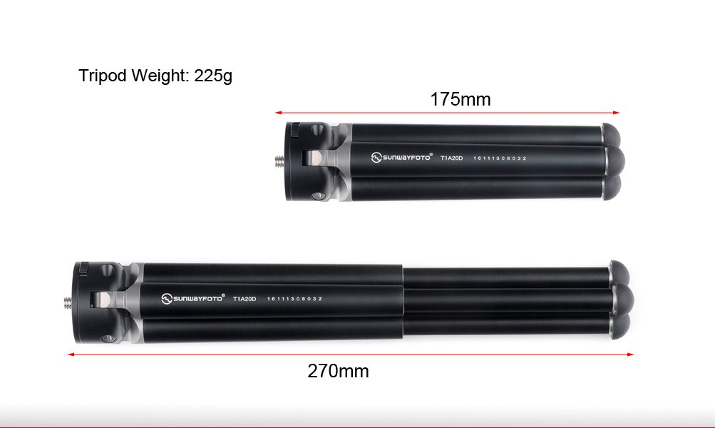 SUNWAYFOTO T1A20D-T Compact Aluminum Tabletop Tripod with XB-28 Low Profile Ball Head - 2-Section Adjustable Mini Tripod for DSLR Camera, Smartphone, Webcam - Perfect for Travel, Vlogging, Home Office & Desktop Photography