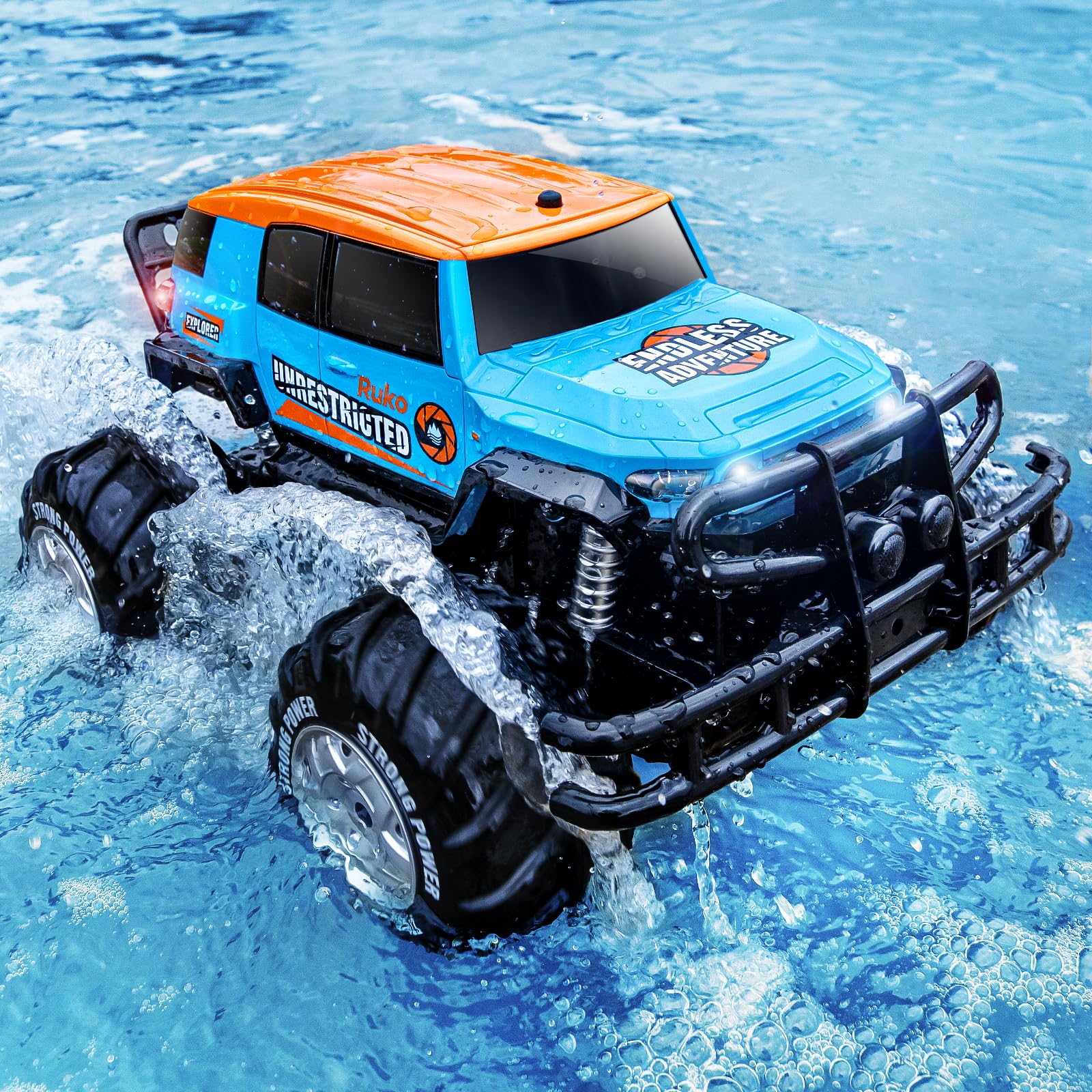 Ruko 1601AMP 1:10 Scale Amphibious RC Monster Truck - Waterproof 4x4 Off-Road Remote Control Car with 2 Rechargeable Batteries - All Terrain Vehicle for Boys & Kids - Perfect for Beach, Pool, Snow & Outdoor Adventures