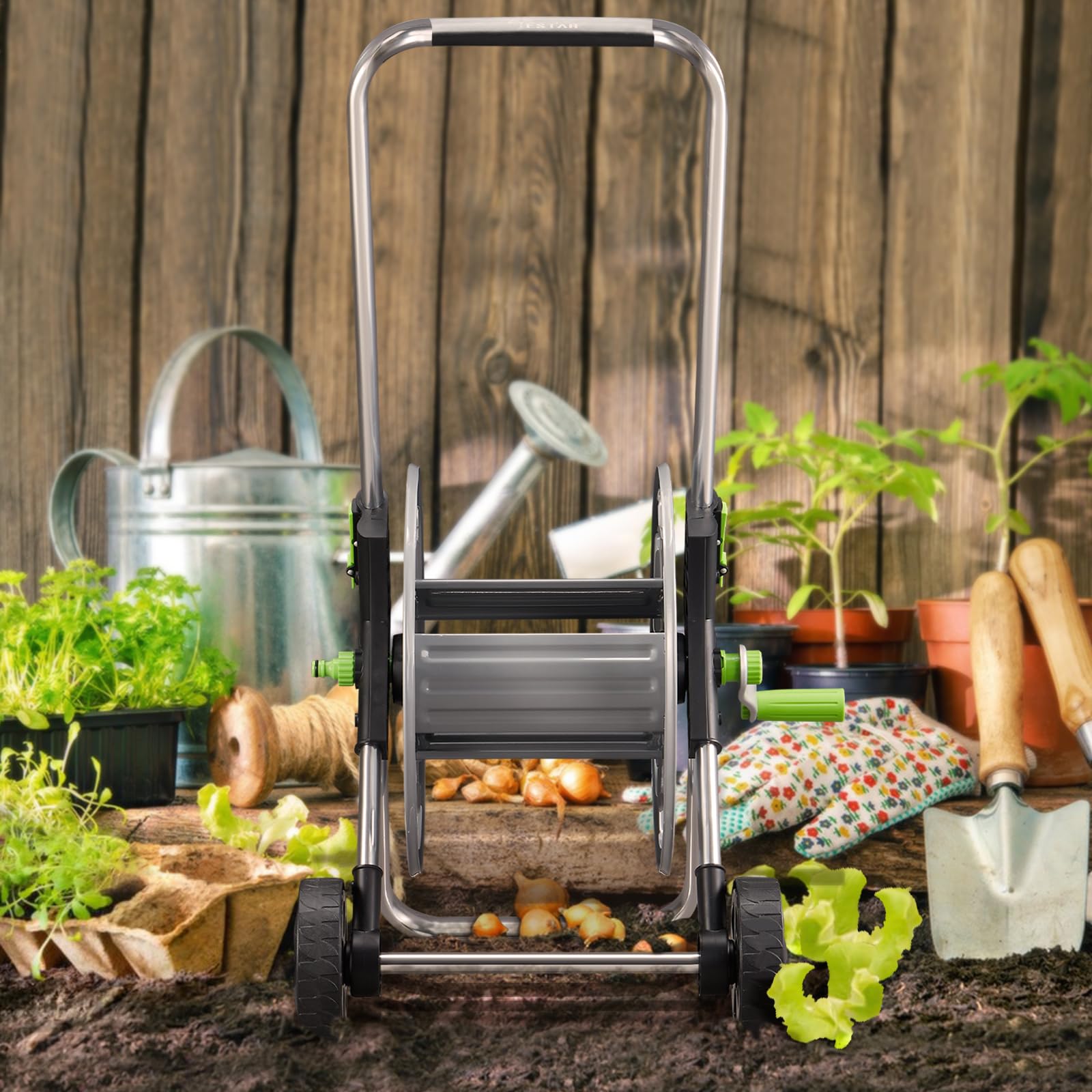 Portable Metal Garden Hose Reel Cart with Wheels - Holds 75-150Ft of 5/8 Inch Water Hose for Outdoor Yard, Lawn & Garden Use - Perfect for Watering Plants, Washing Cars & Cleaning Patios