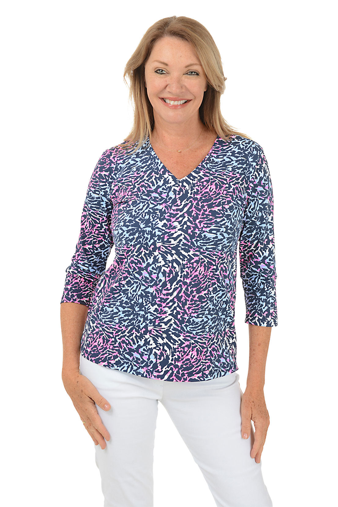 Silver Wild Animal Print UPF50+ V-Neck Sun Protection Top for Women - Perfect for Outdoor Activities, Beach & Summer Fashion