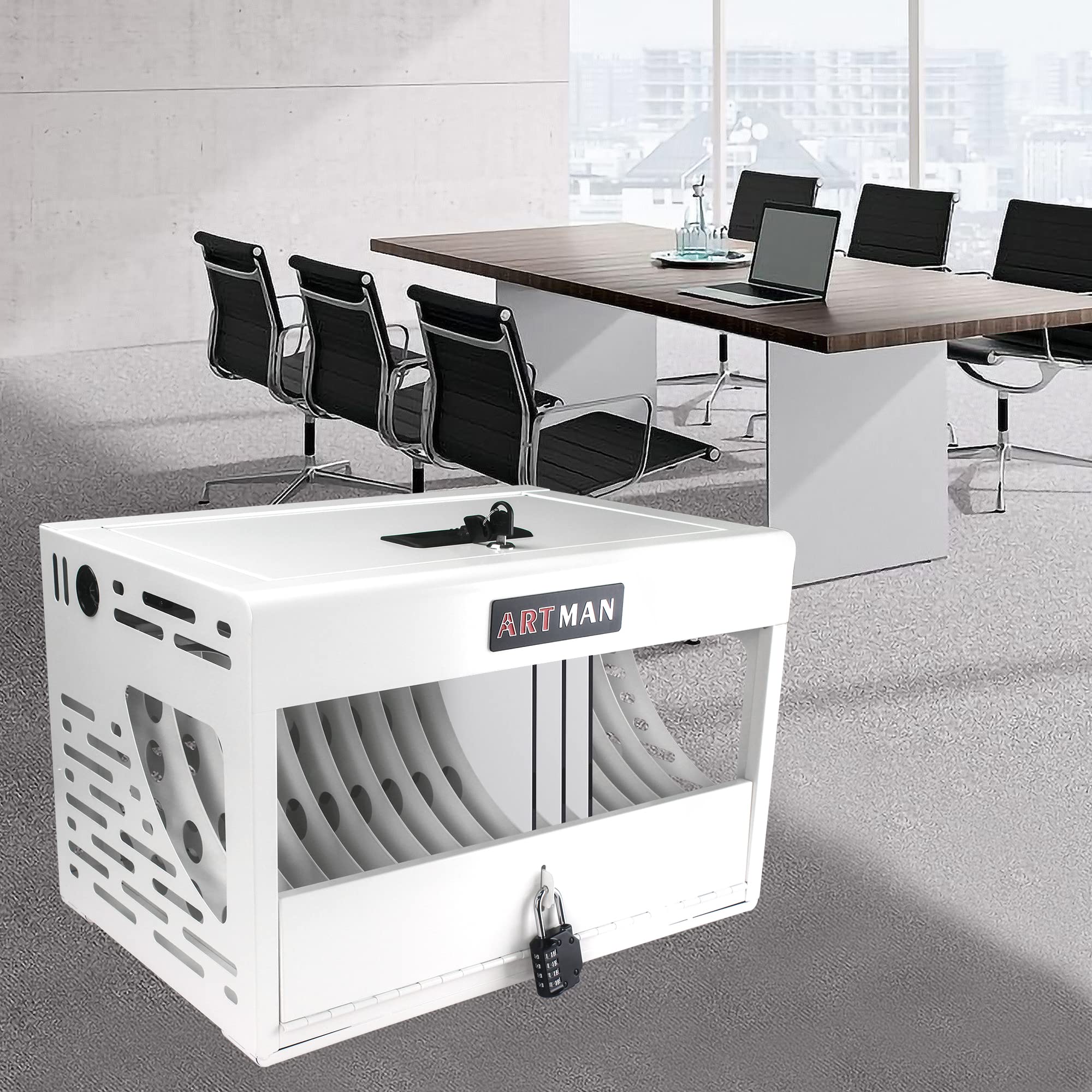16-Device Laptop Charging Station for iPad Chromebook Tablet - Secure Classroom Charging Cabinet with Cable Management, Combination Lock & Organizer - Perfect for Schools, Offices & Libraries (White)