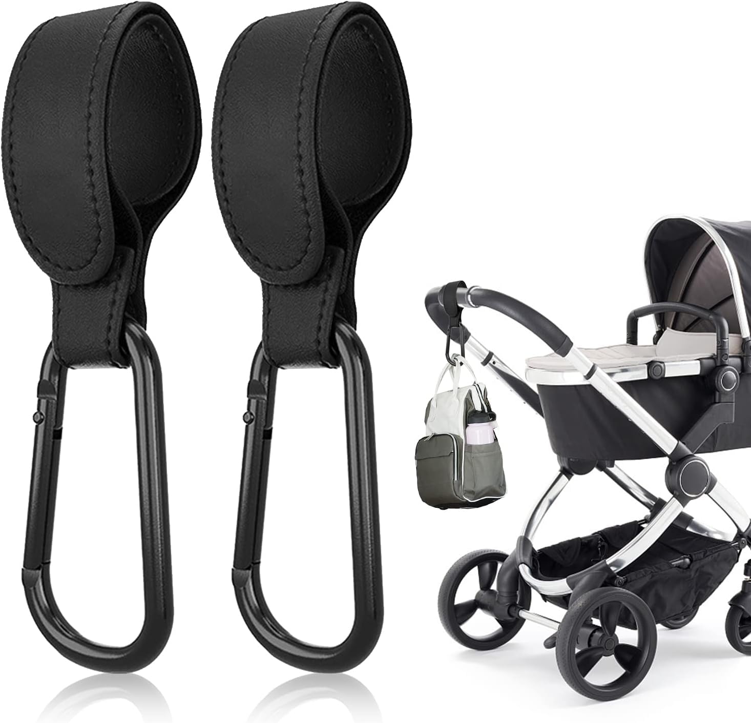 Premium Black Leather Buggy Clips (2-Pack) - Heavy Duty Stroller Hooks for Baby Prams & Pushchairs - Secure Shopping Bags, Diaper Bags, Backpacks & Travel Essentials - Perfect for New Moms & On-the-Go Parents (Black) - Ideal for Grocery Trips, Park Outings & Family Vacations