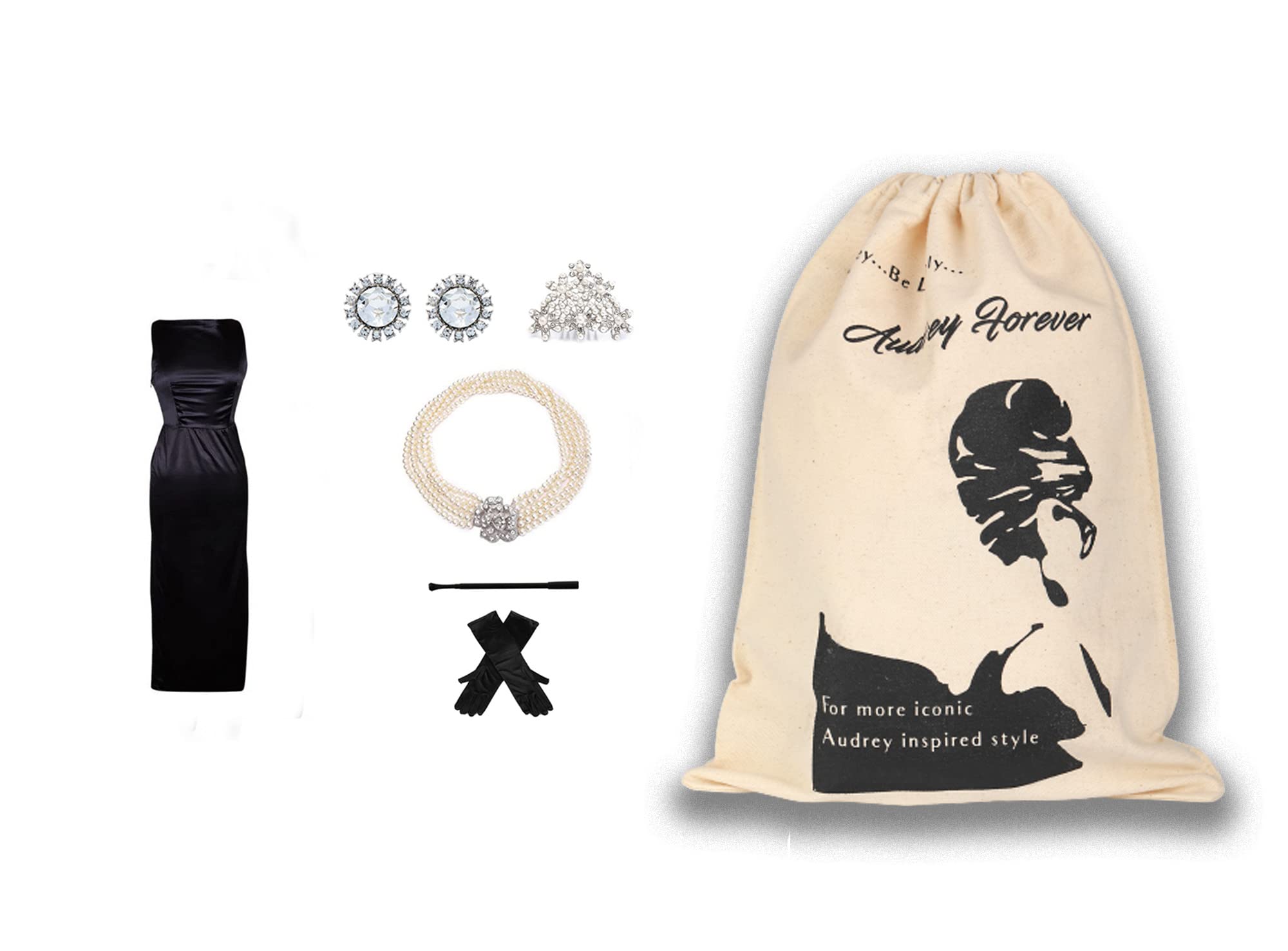 Audrey in a Bag Premium Iconic Black Dress Costume Set - Vintage Hollywood Inspired Elegant Outfit for Cosplay, Halloween, and Themed Parties