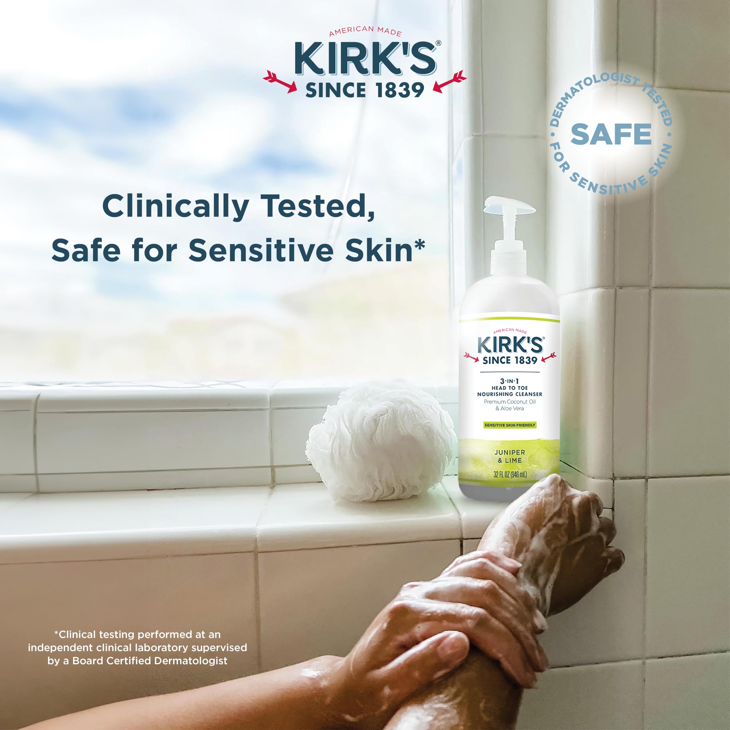 Kirk's 3-in-1 Castile Liquid Soap Travel Size (1.13 oz) - Natural Head-to-Toe Cleanser for Men, Women & Kids | Shampoo, Face Wash & Body Soap | Refreshing Juniper & Lime Scent | Perfect for Travel, Camping & Gym Bags | 32 Fl Oz Bottle