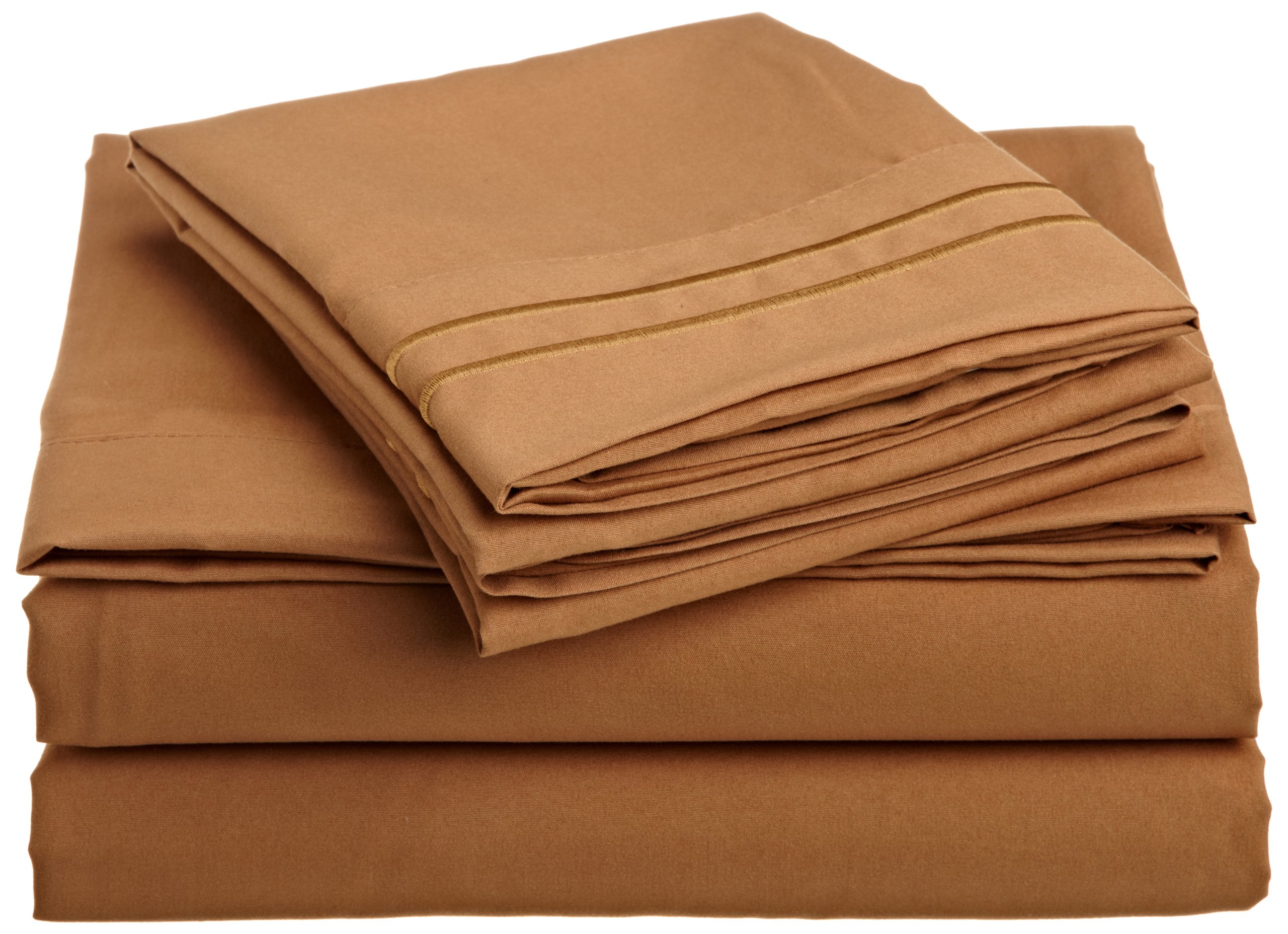 Luxury Soft Microfiber Sheet Set with Embroidered Pillowcases - King Size, Caramel Brown - Ultra Comfortable Bedding for Hotel Style Bedroom Decor