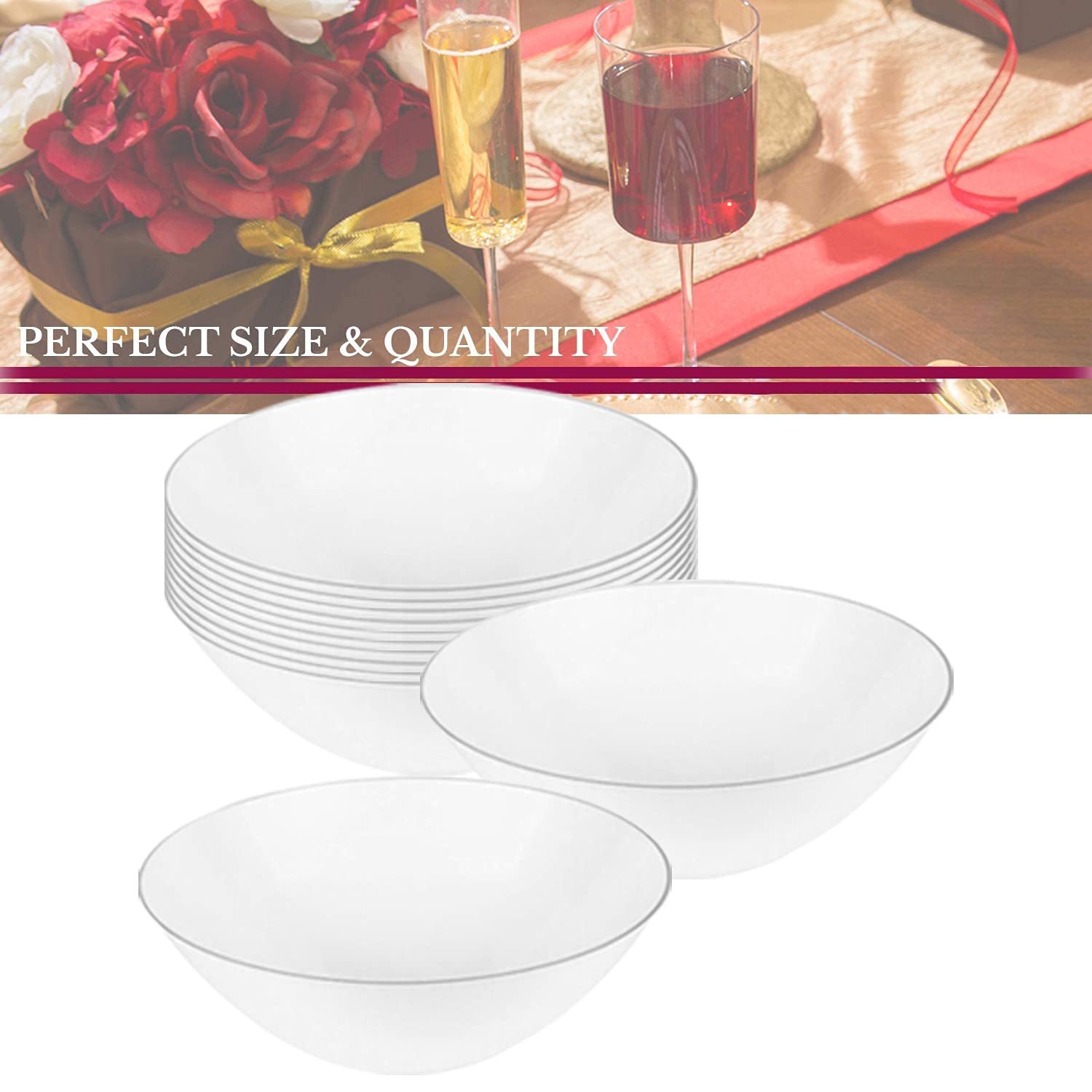 Eco-Friendly Disposable Plastic Plates with Elegant Rim Design - Bulk Round Dinnerware for Wedding, Birthday Party & Special Events (White & Silver, 16oz Soup Bowls, Pack of 120) - Perfect for Catering, Picnics & Outdoor Gatherings