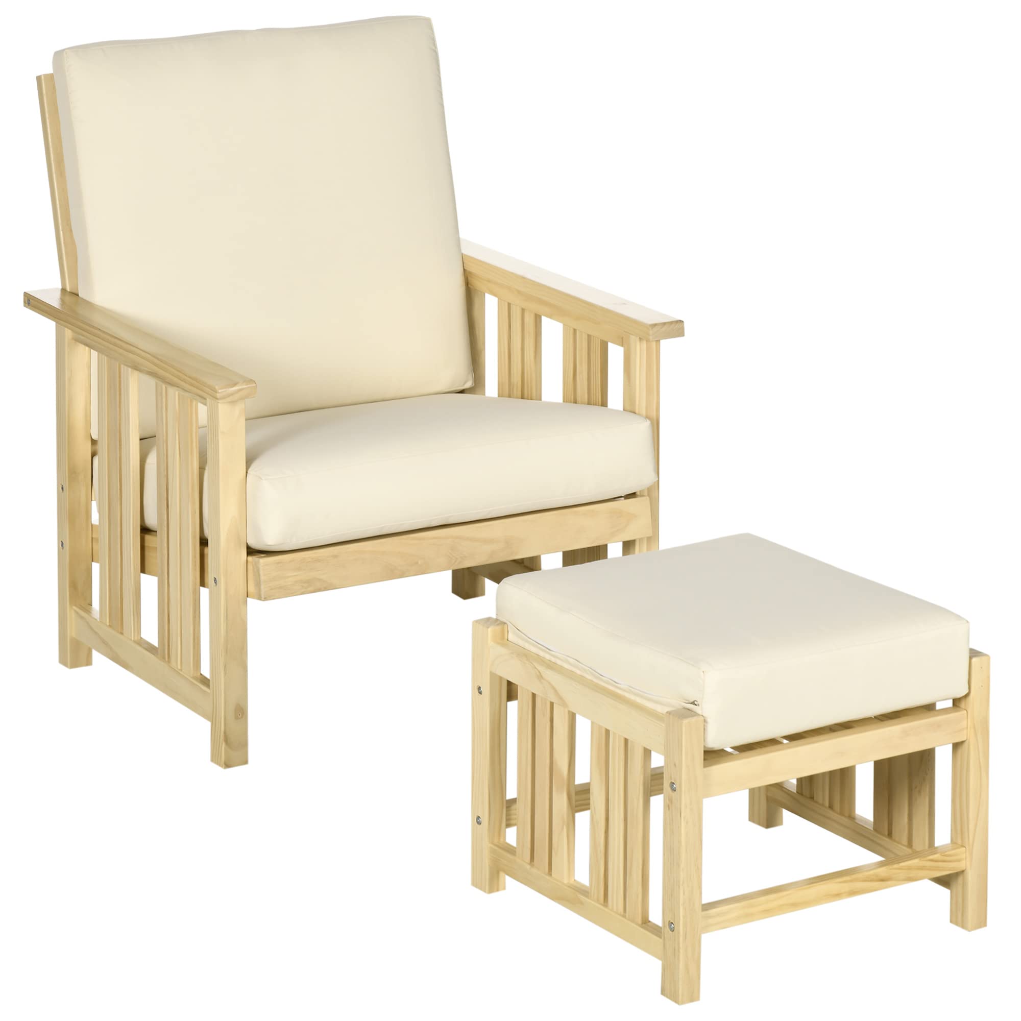 Outsunny 2-Piece Wood Patio Furniture Set with Ottoman - Beige Cushioned Outdoor Lounge Chairs & Footrest for Backyard, Poolside, Garden Relaxation