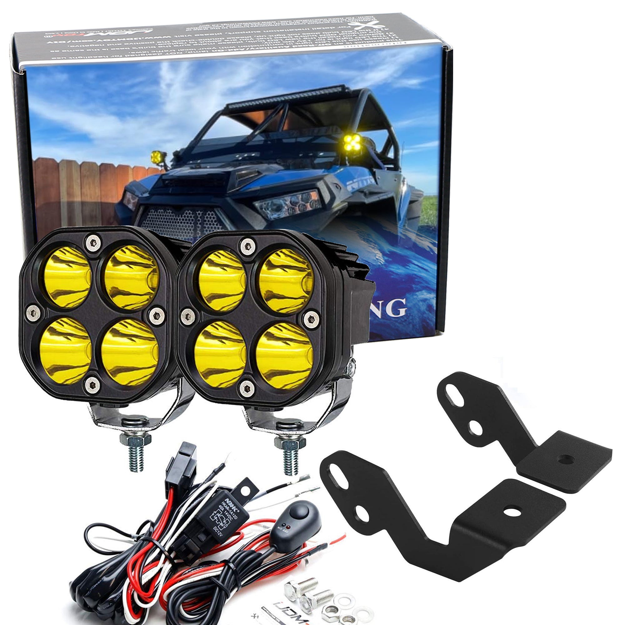 3000K Yellow 20W Round LED Ditch Light Kit with Bracket & Relay - Compatible with Polaris RZR ATV - Perfect for Off-Roading, Night Driving & Trail Adventures