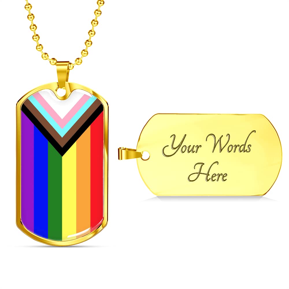 Customized Progress Pride Necklace - Rainbow LGBTQ+ Dog Tag Pendant with Gift Box | Gay, Lesbian & Bisexual Pride Jewelry | Perfect for Pride Month, Couples Gifts & Everyday Wear