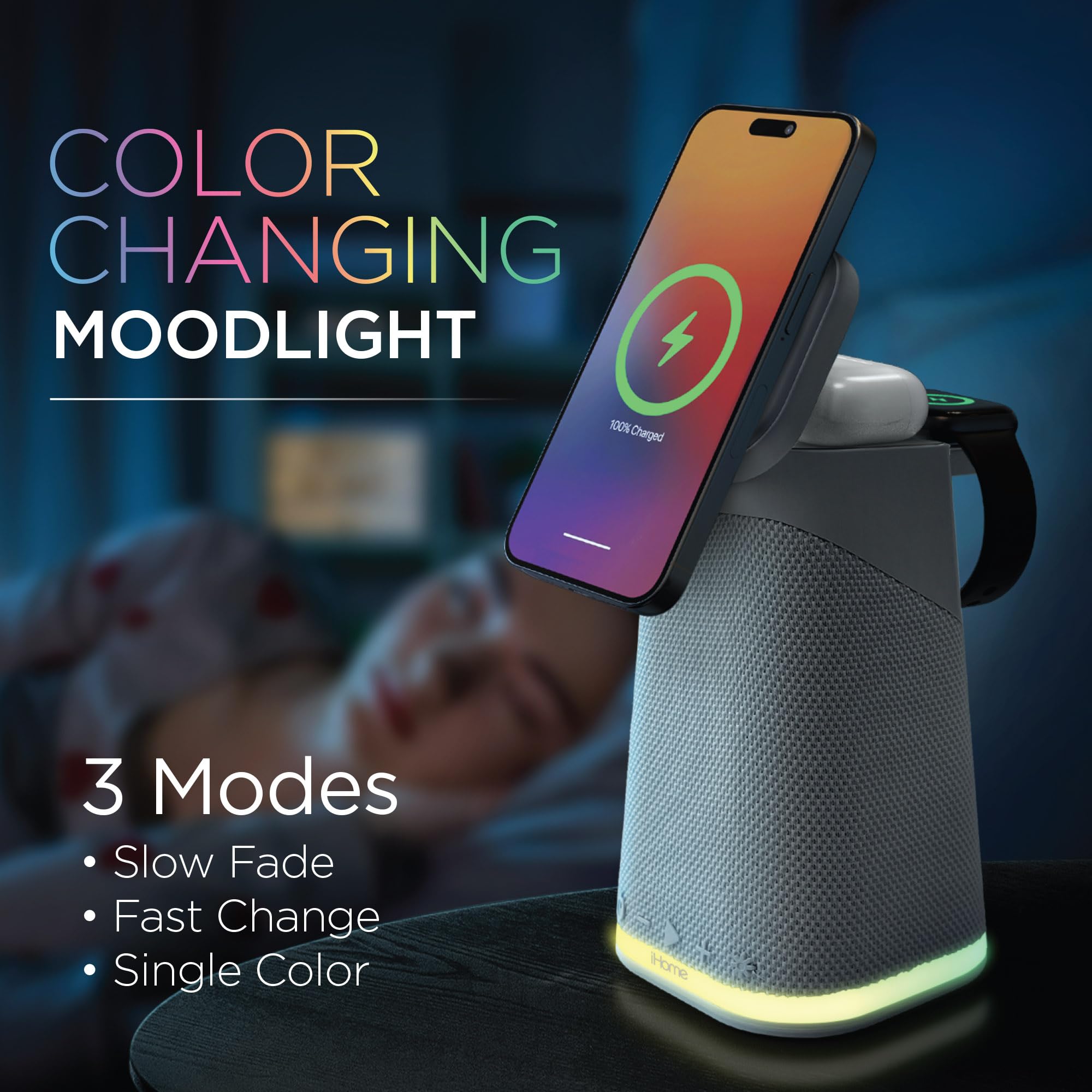 iHome Wireless Charger with Apple Watch Charger, AirPods Charging, Bluetooth Speaker & Color Changing Night Light - 3-in-1 Charging Station for iPhone, Smartwatch & Earbuds - Perfect for Bedroom, Office & Travel (Grey, Model iPBT70G)